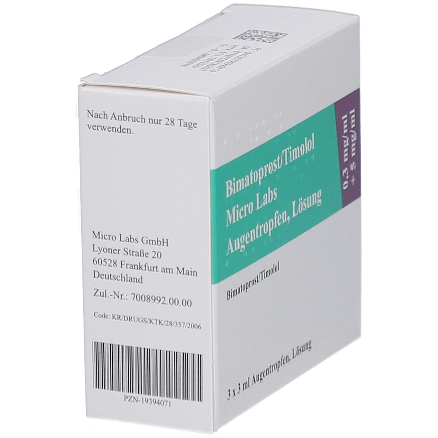 Weiße Faltschachtel mit Produktinformationen. Aufdruck: Bimatoprost/Timolol Micro Labs Augentropfen, Lösung. 3 x 3 ml. Herstelleradresse.