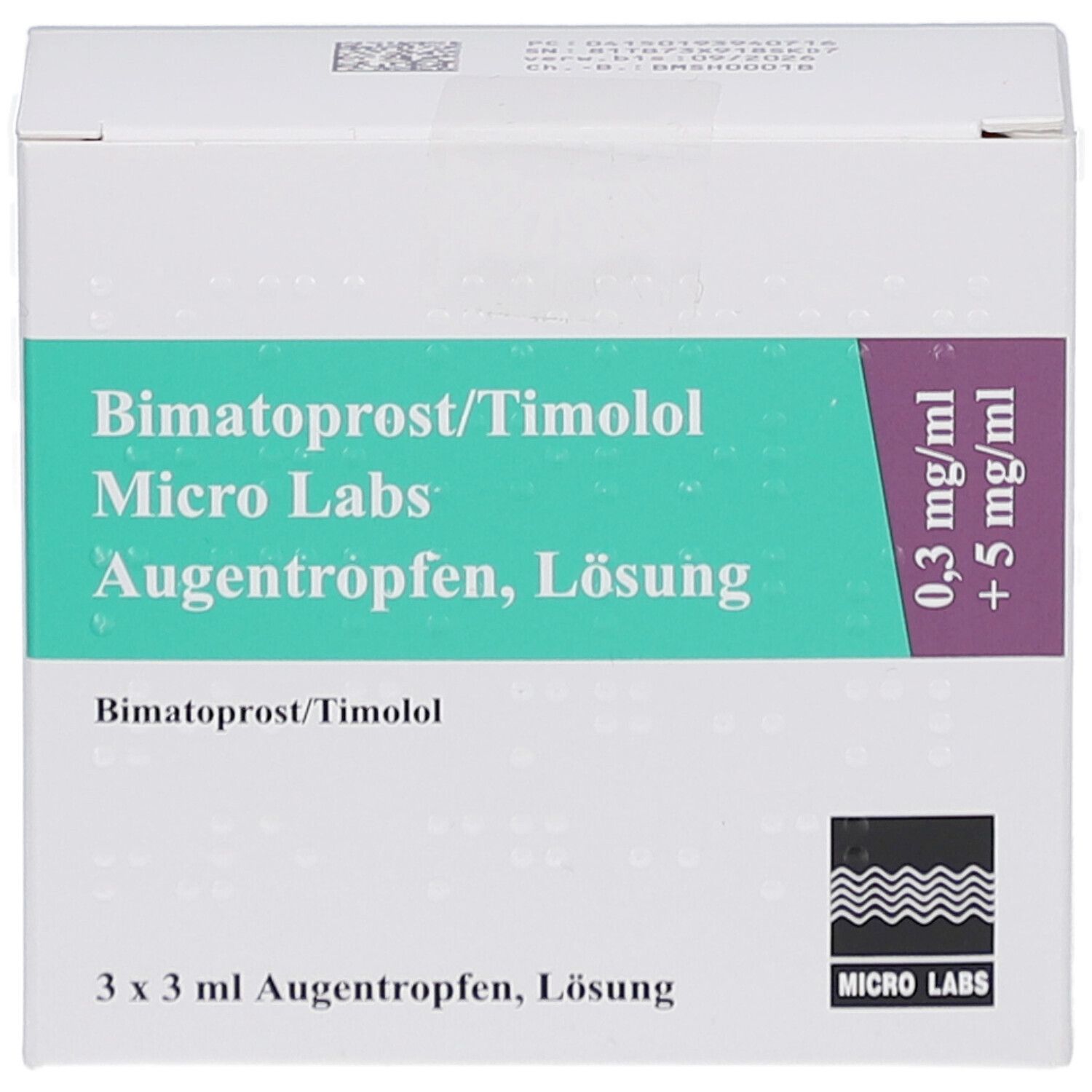 Weiße Faltschachtel mit Produktinformationen. Aufdruck: Bimatoprost/Timolol Micro Labs Augentropfen, Lösung. 3 x 3 ml.
