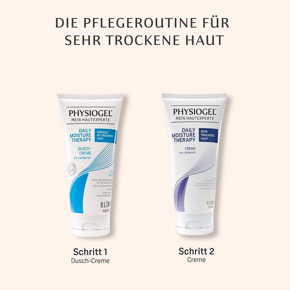 Zwei PHYSIOGEL® Creme-Tuben. Schritt 1: Dusch-Creme. Schritt 2: Creme.