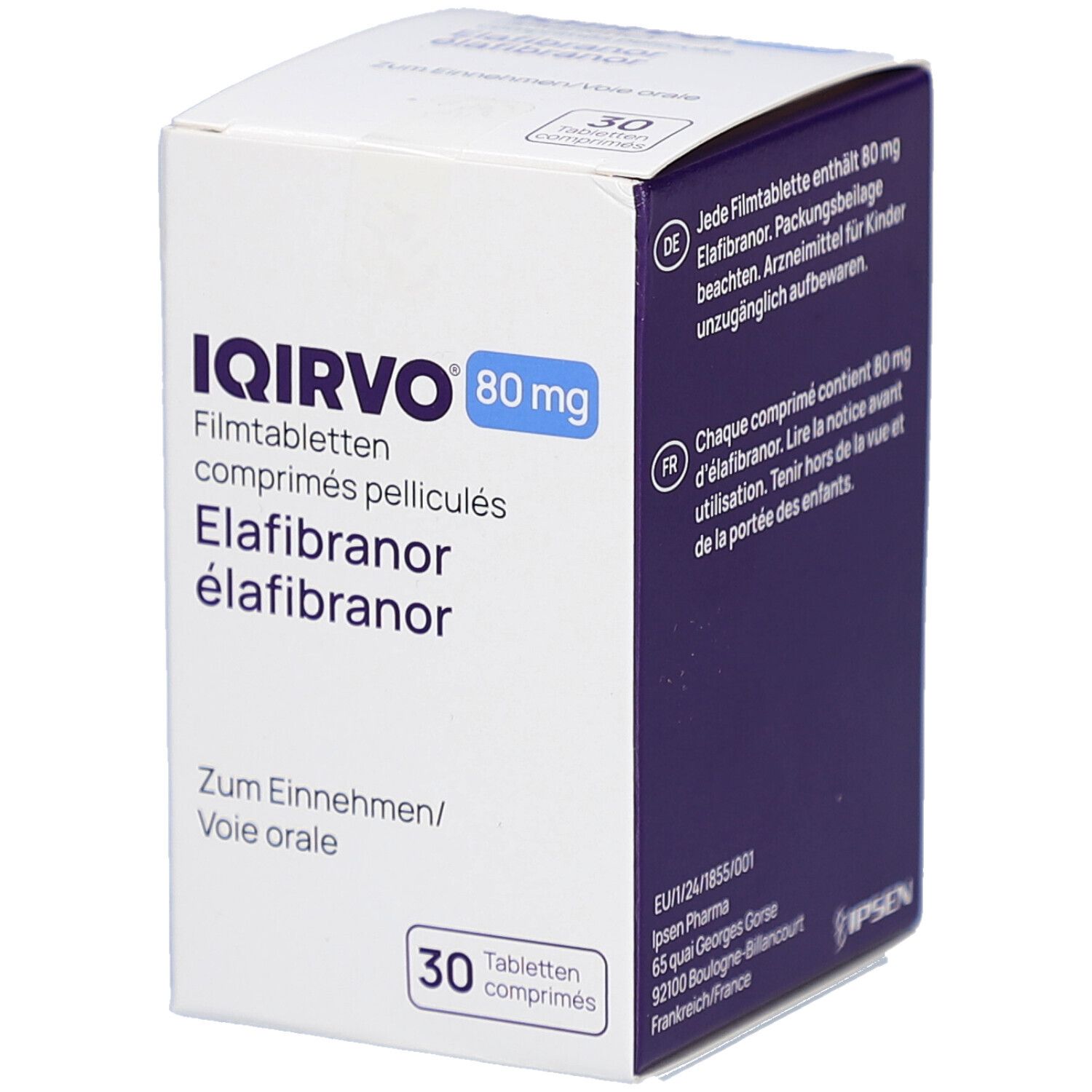 Schachtel mit IQIRVO 80 mg Filmtabletten. Enthält 30 Tabletten. Aufschrift: Zum Einnehmen/Vole orale.