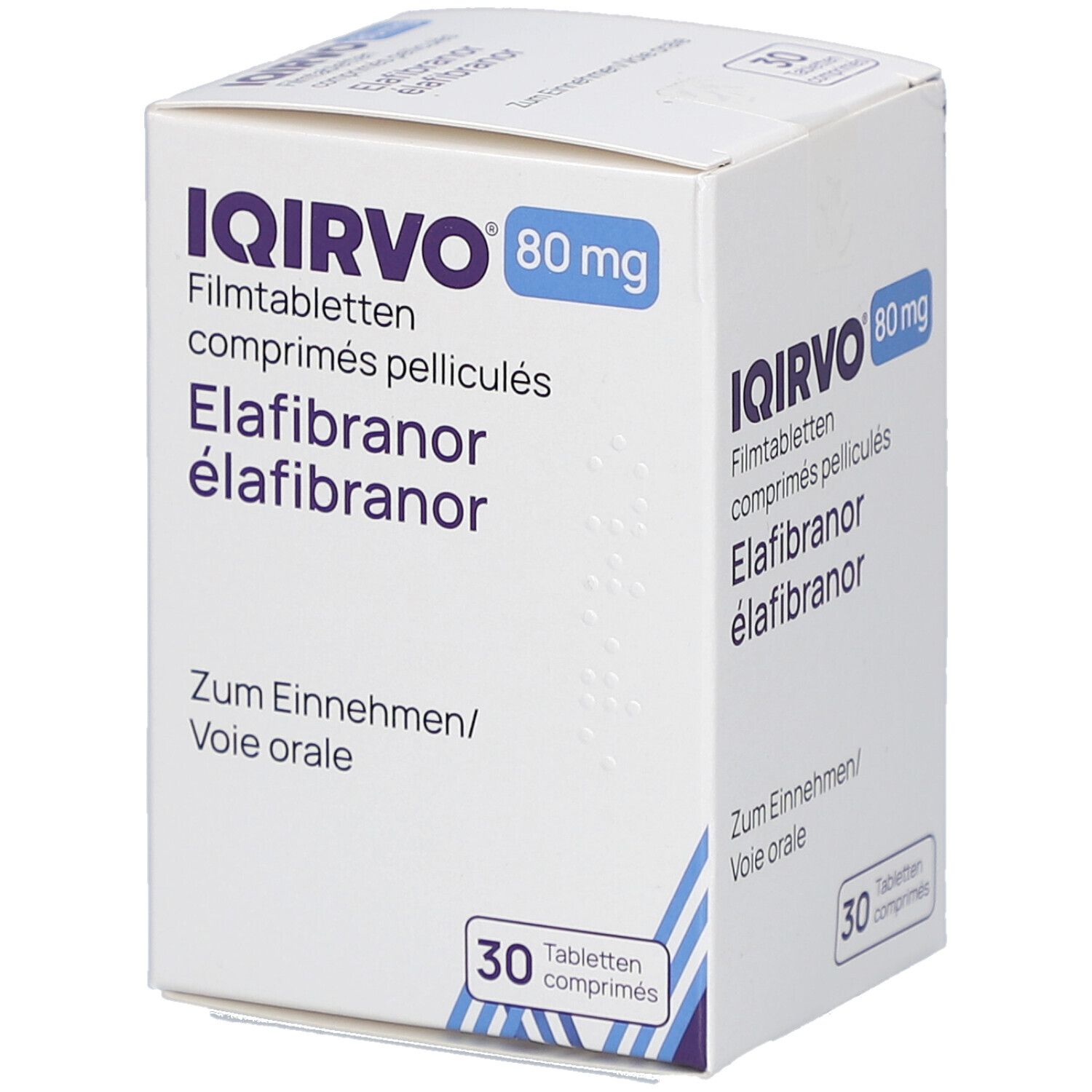 Schachtel mit IQIRVO 80 mg Filmtabletten. Aufschrift: 30 Tabletten. Produktname und Dosierung.