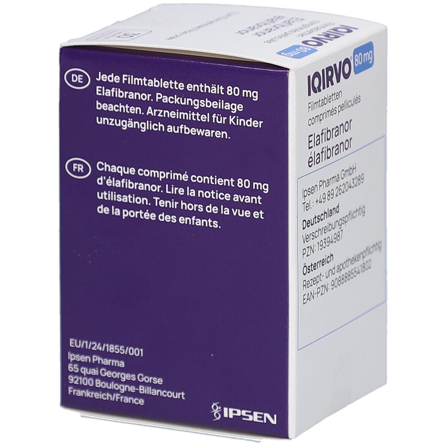Rückseite der Schachtel mit IQIRVO 80 mg Filmtabletten. Enthält Informationen zur Anwendung.