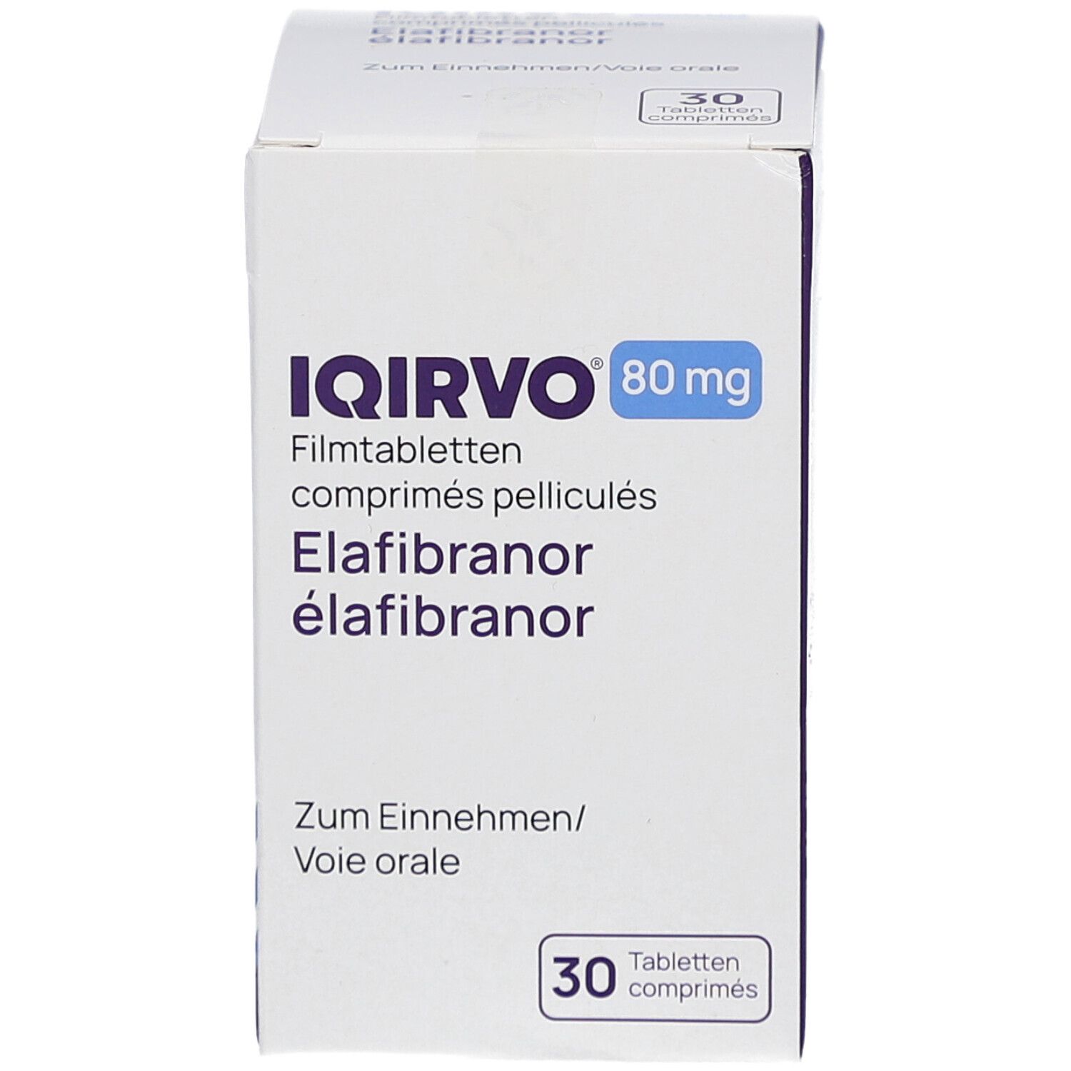 Schachtel mit IQIRVO 80 mg Filmtabletten. Aufschrift: 30 Tabletten. Produktname und Dosierung.