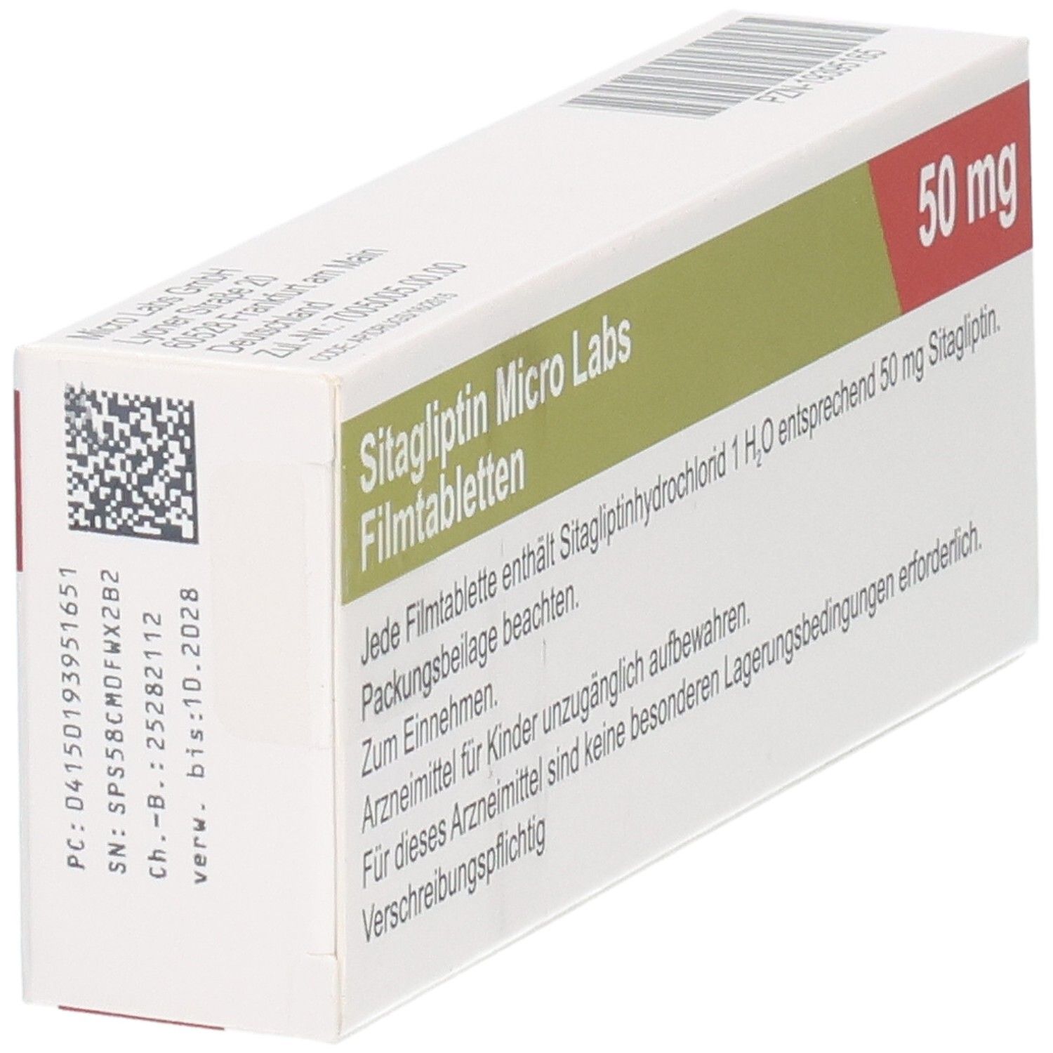 Seitenansicht der Sitagliptin Micro Labs Filmtabletten-Verpackung, 50 mg.