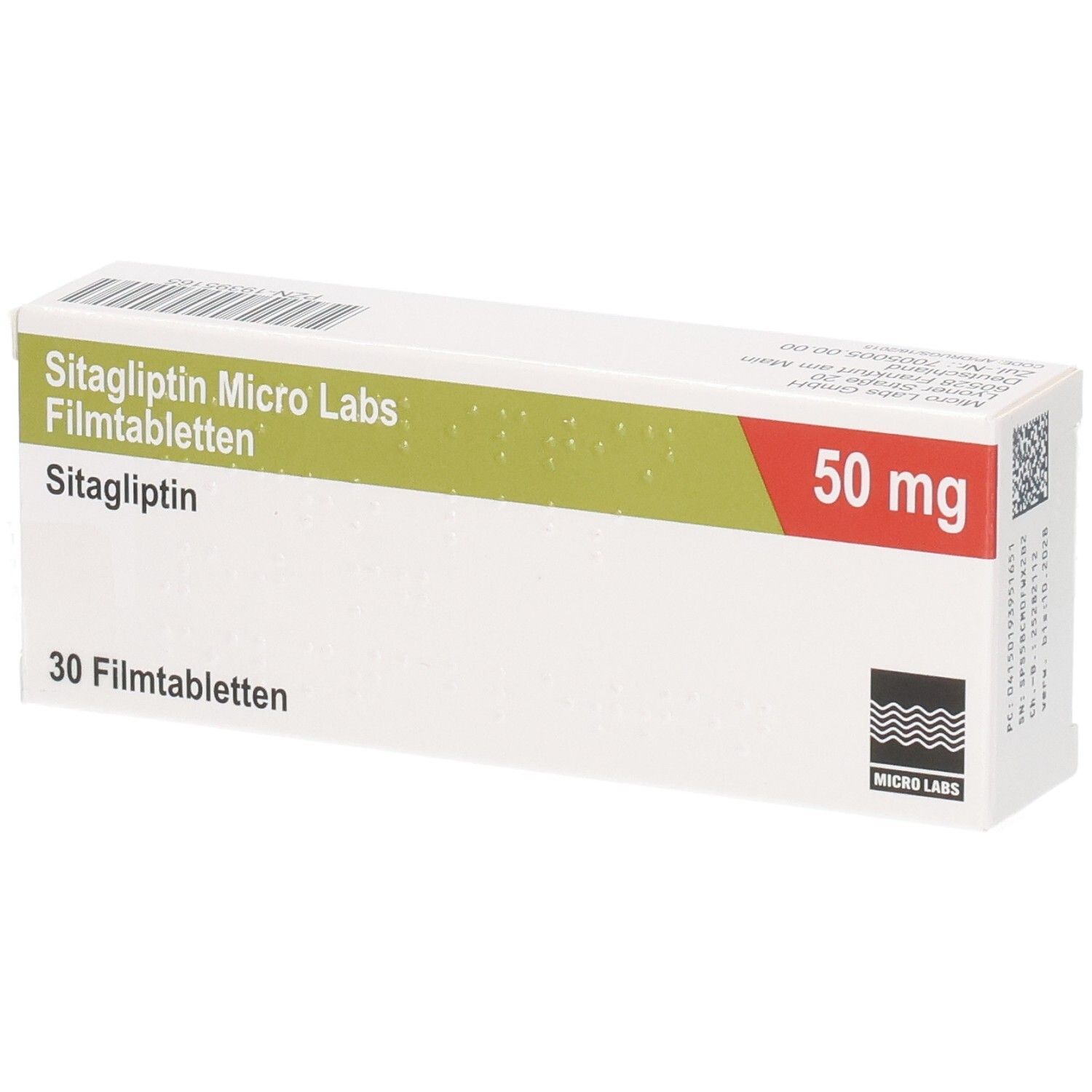 Vorderseite der Sitagliptin Micro Labs Filmtabletten-Verpackung, 50 mg, 30 Stück.