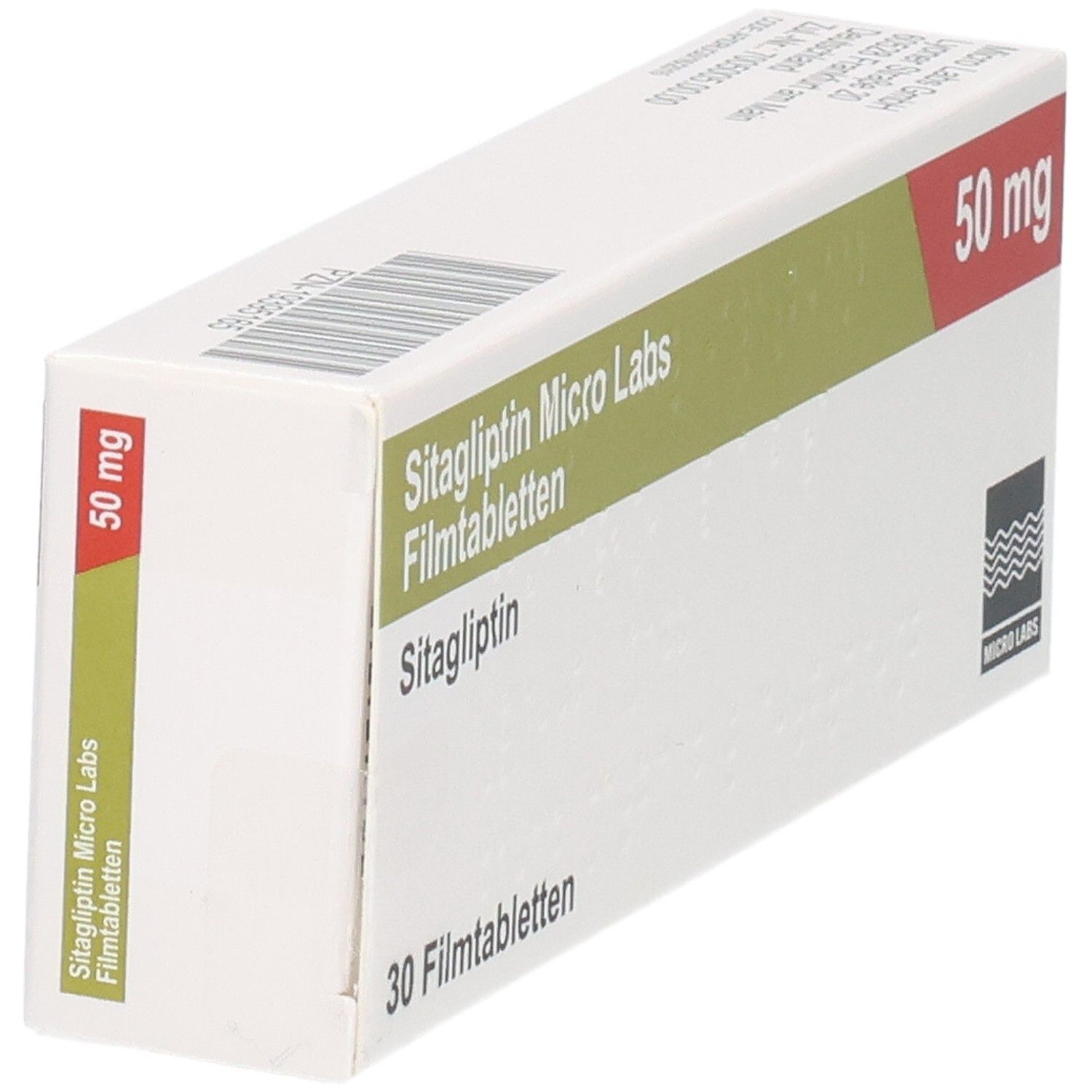 Schrägansicht der Sitagliptin Micro Labs Filmtabletten-Verpackung, 50 mg.