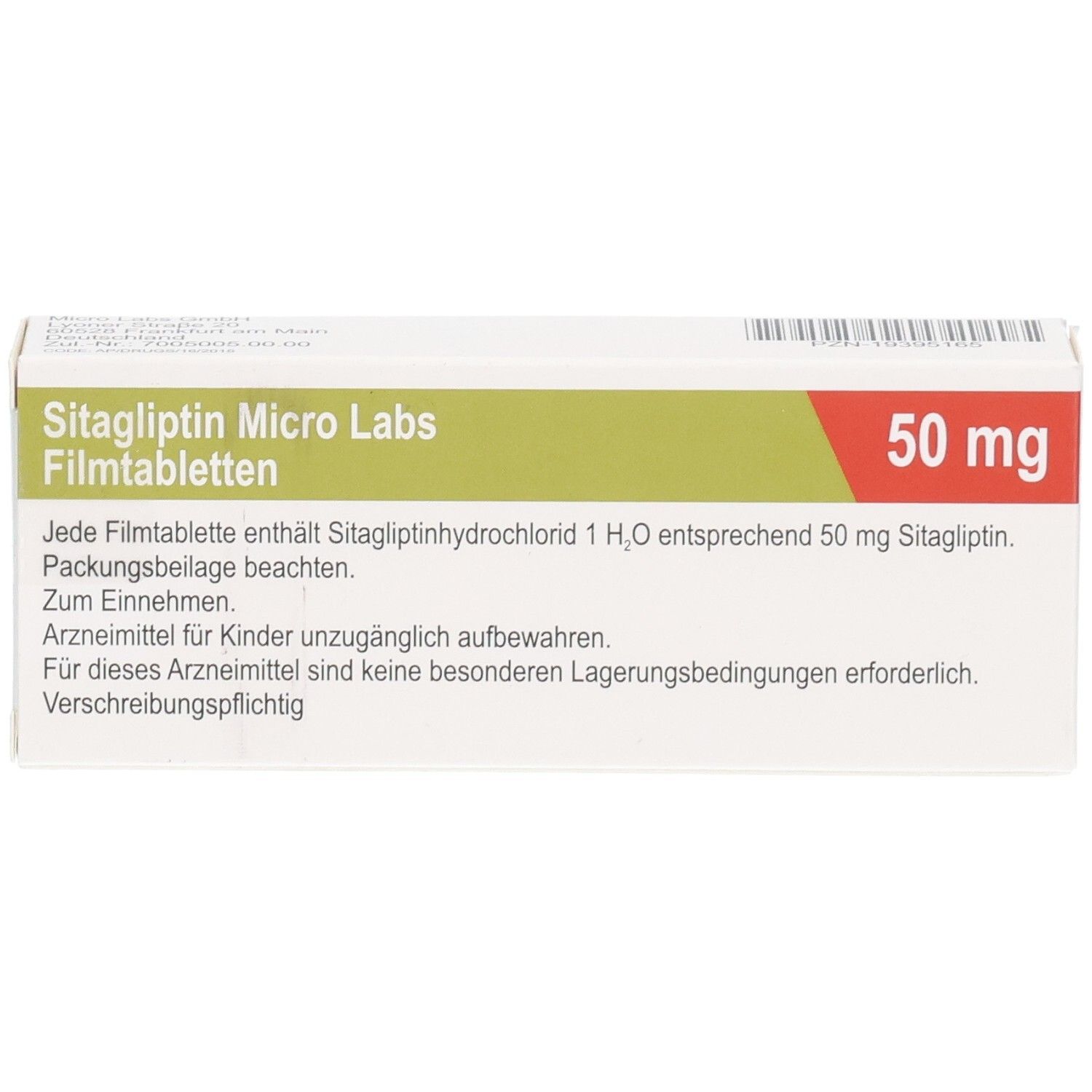 Rückseite der Sitagliptin Micro Labs Filmtabletten-Verpackung, 50 mg.