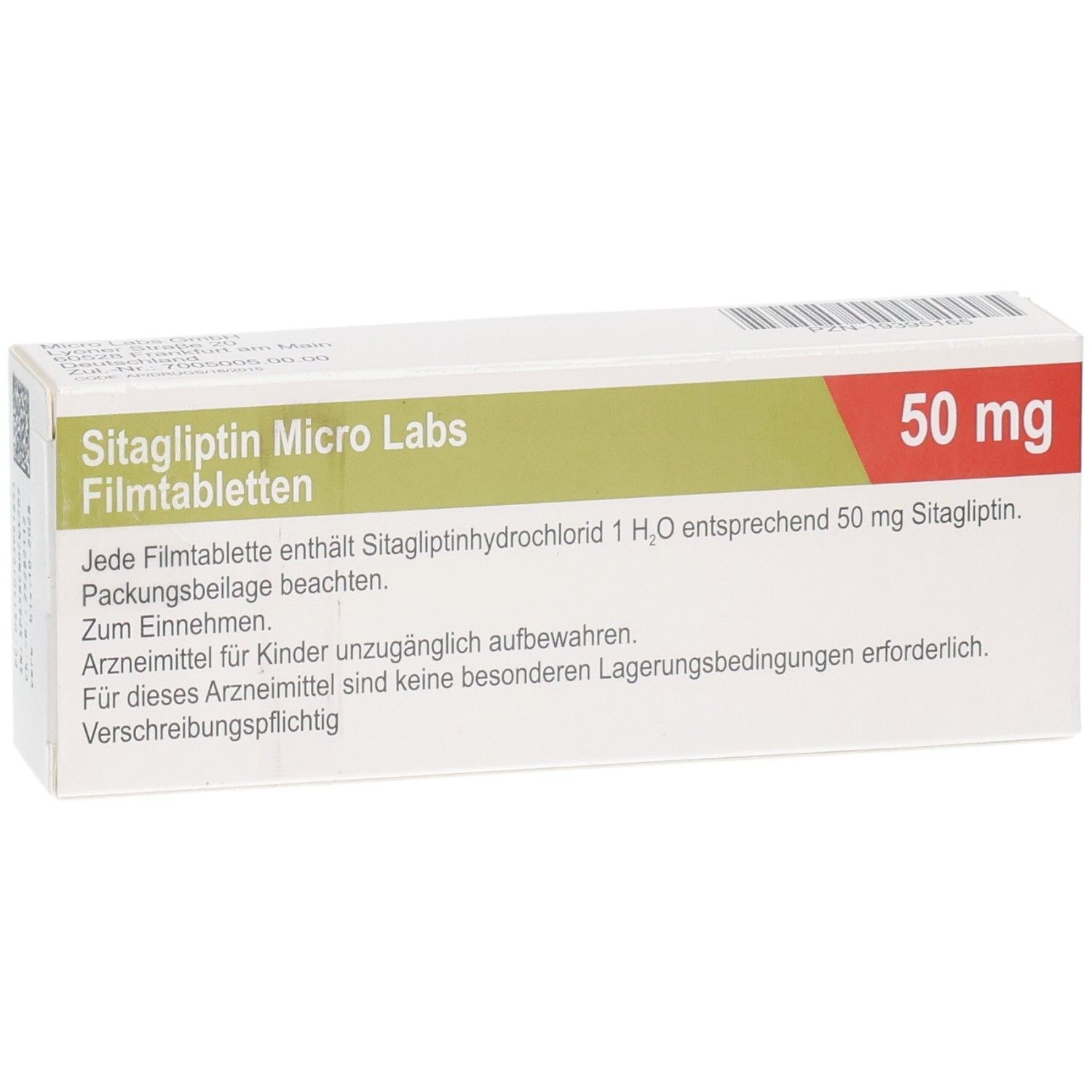 Verpackung von Sitagliptin Micro Labs Filmtabletten, 50 mg, mit detaillierten Informationen.