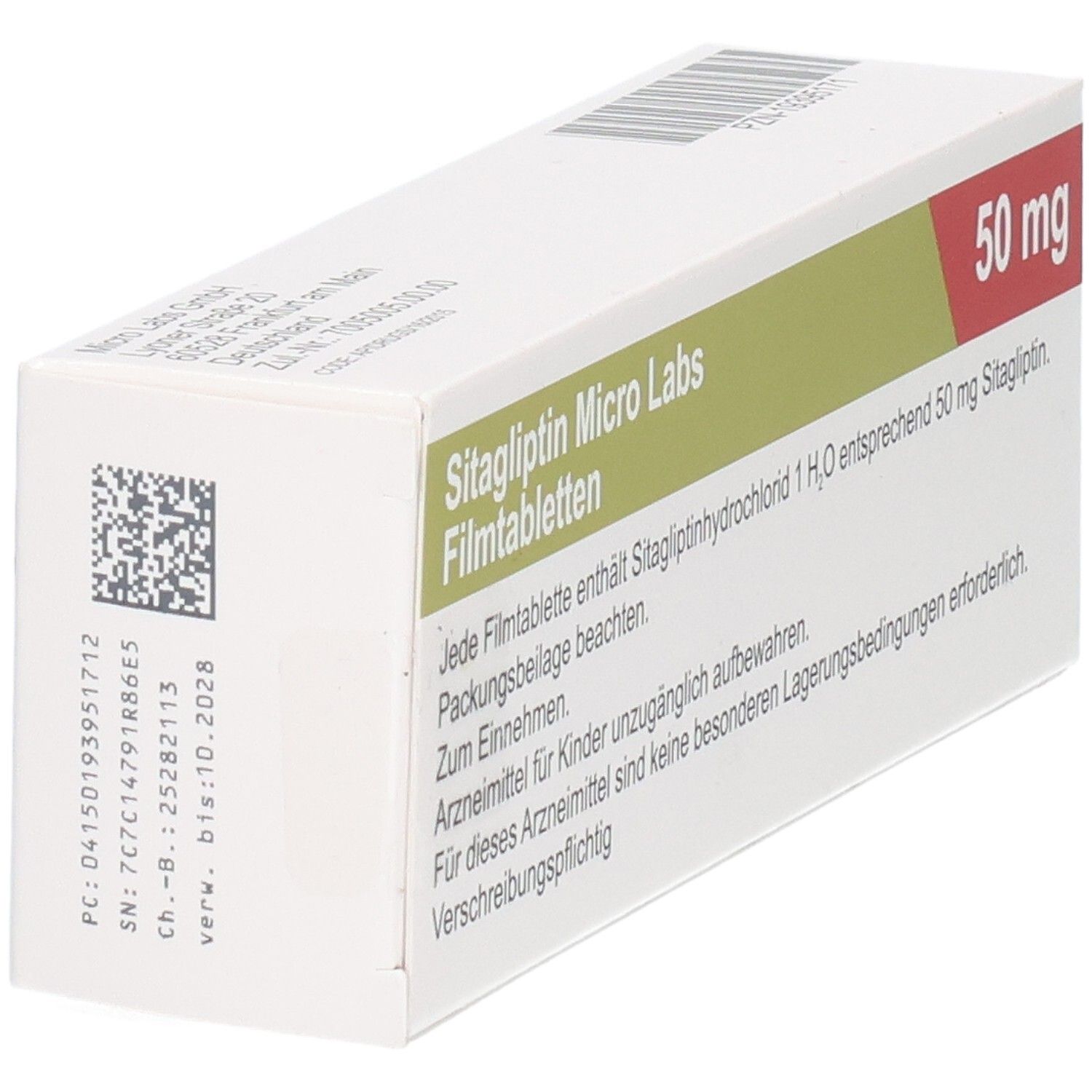 Seitenansicht der Sitagliptin Micro Labs Filmtabletten 50 mg Verpackung mit Chargennummer und Verfallsdatum.