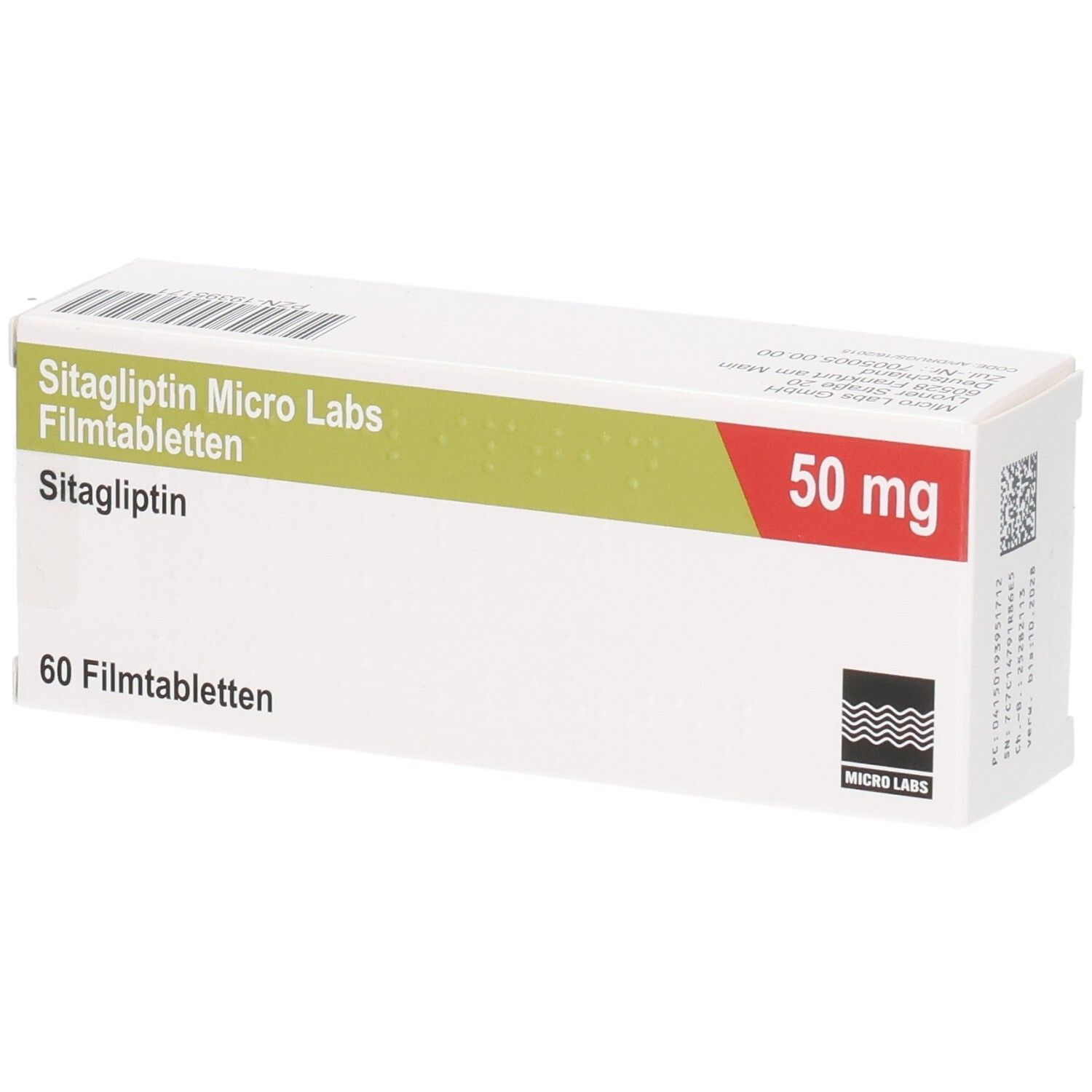 Vorderseite der Sitagliptin Micro Labs Filmtabletten 50 mg Verpackung mit 60 Filmtabletten Angabe und Logo.