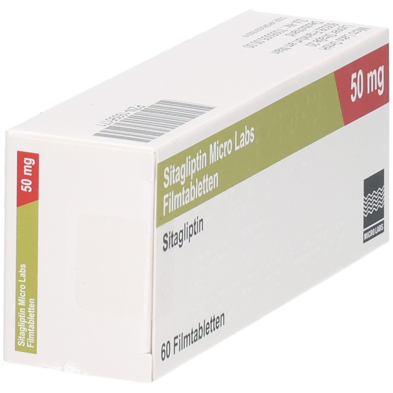 Vorderseite der Sitagliptin Micro Labs Filmtabletten 50 mg Verpackung mit Logo und Anzahl der Tabletten.