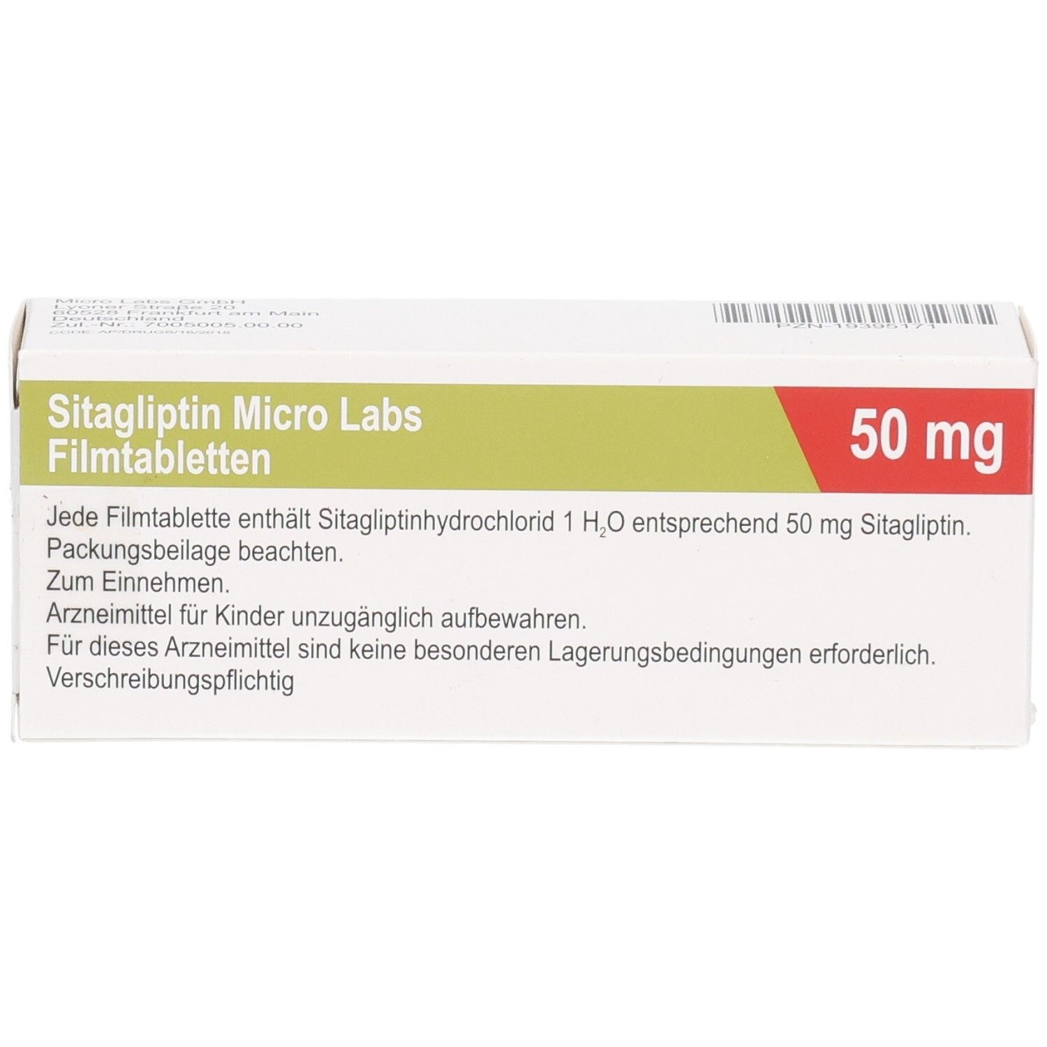 Rückseite der Sitagliptin Micro Labs Filmtabletten 50 mg Verpackung mit Anwendungshinweisen.