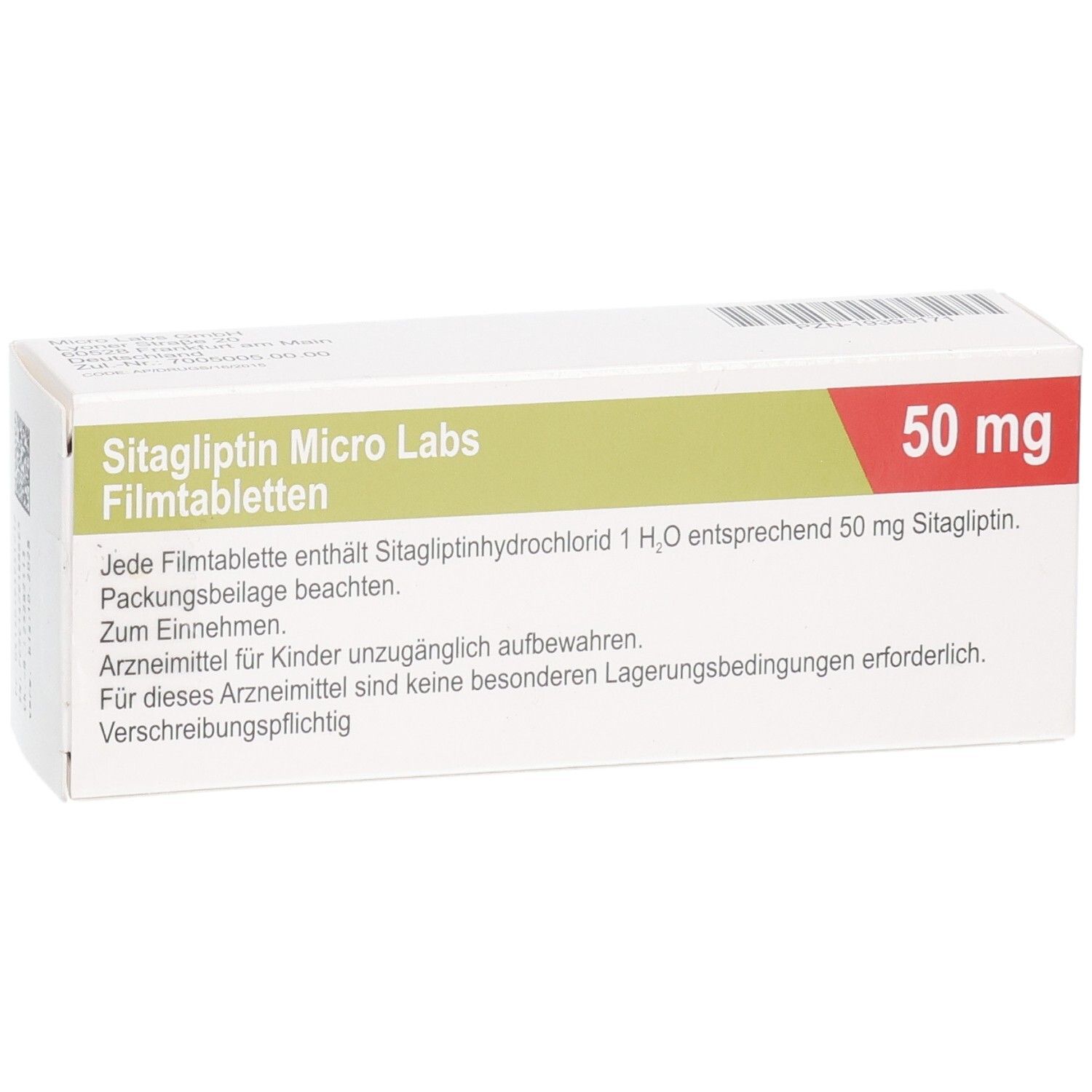 Verpackung von Sitagliptin Micro Labs Filmtabletten, 50 mg, mit detaillierten Anwendungsinformationen.