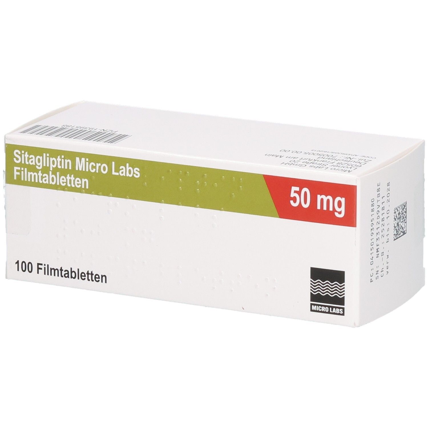 Schachtel mit SITAGLIPTIN Micro Labs 50 mg Filmtabletten. Aufschrift: 100 Filmtabletten, 50 mg. Logo Micro Labs.