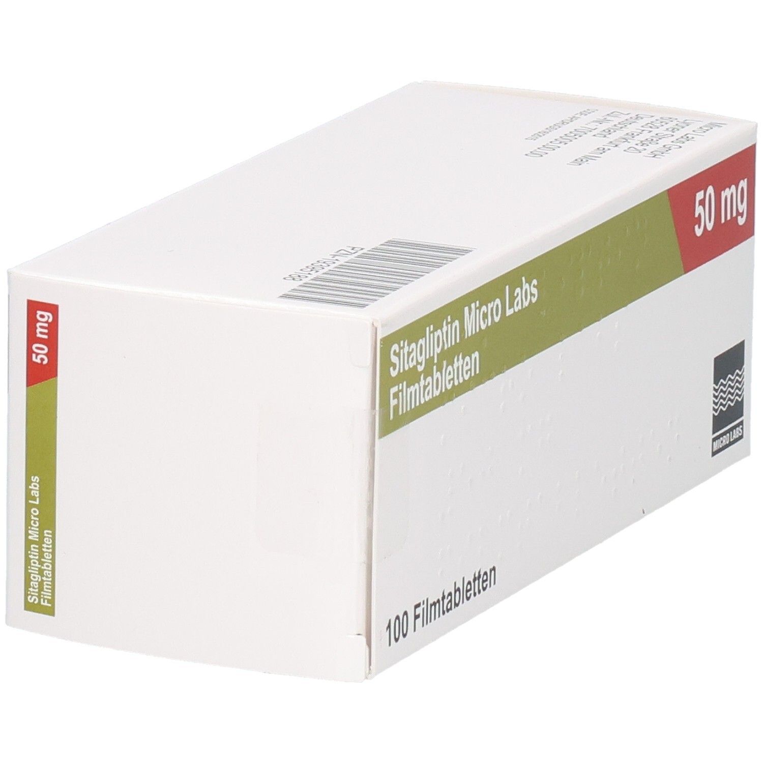 Schachtel SITAGLIPTIN Micro Labs 50 mg Filmtabletten. Aufschrift: 50 mg. Logo Micro Labs. Barcode.