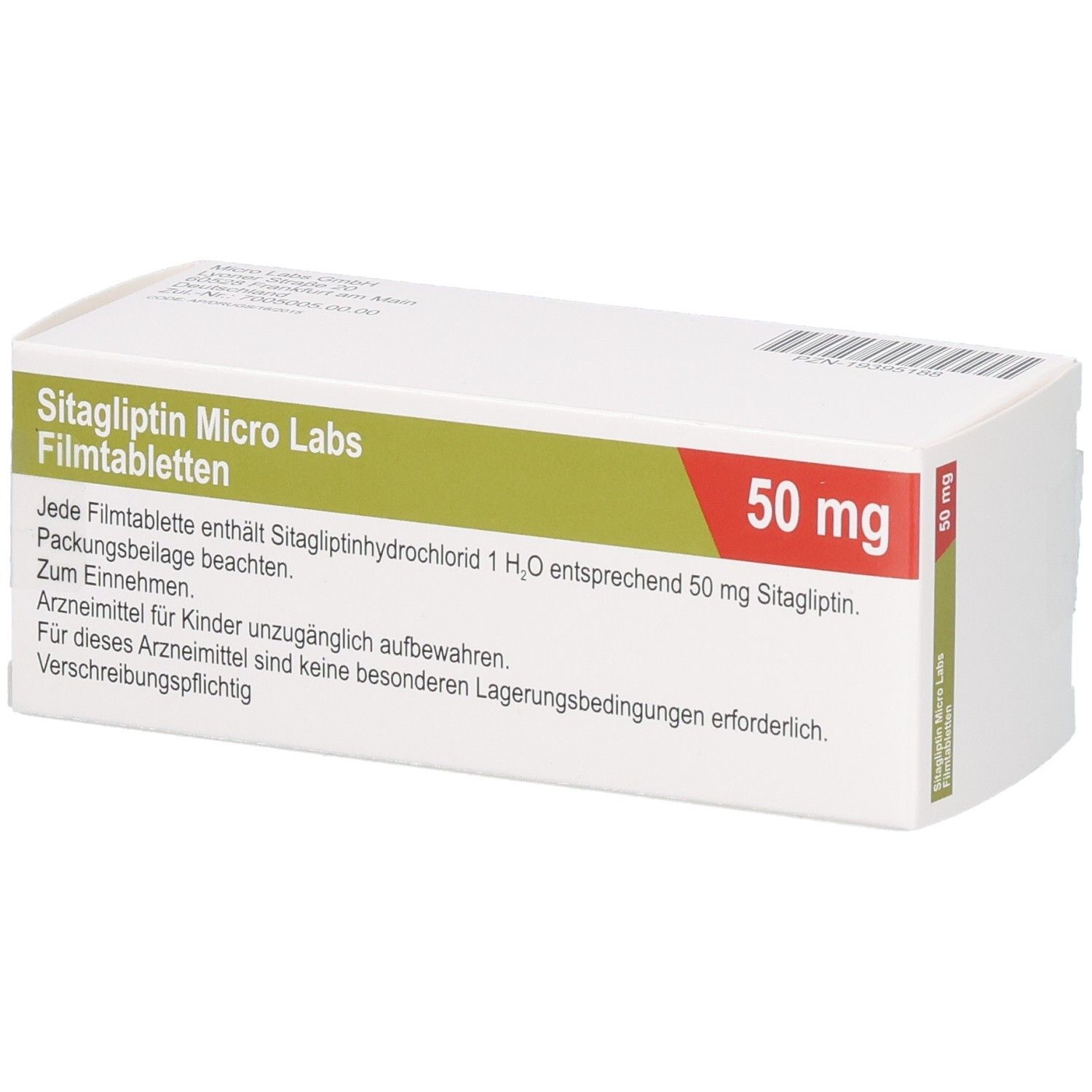 Schachtel SITAGLIPTIN Micro Labs 50 mg Filmtabletten. Aufschrift: 50 mg. Text und Logo Micro Labs. Packungsbeilage.