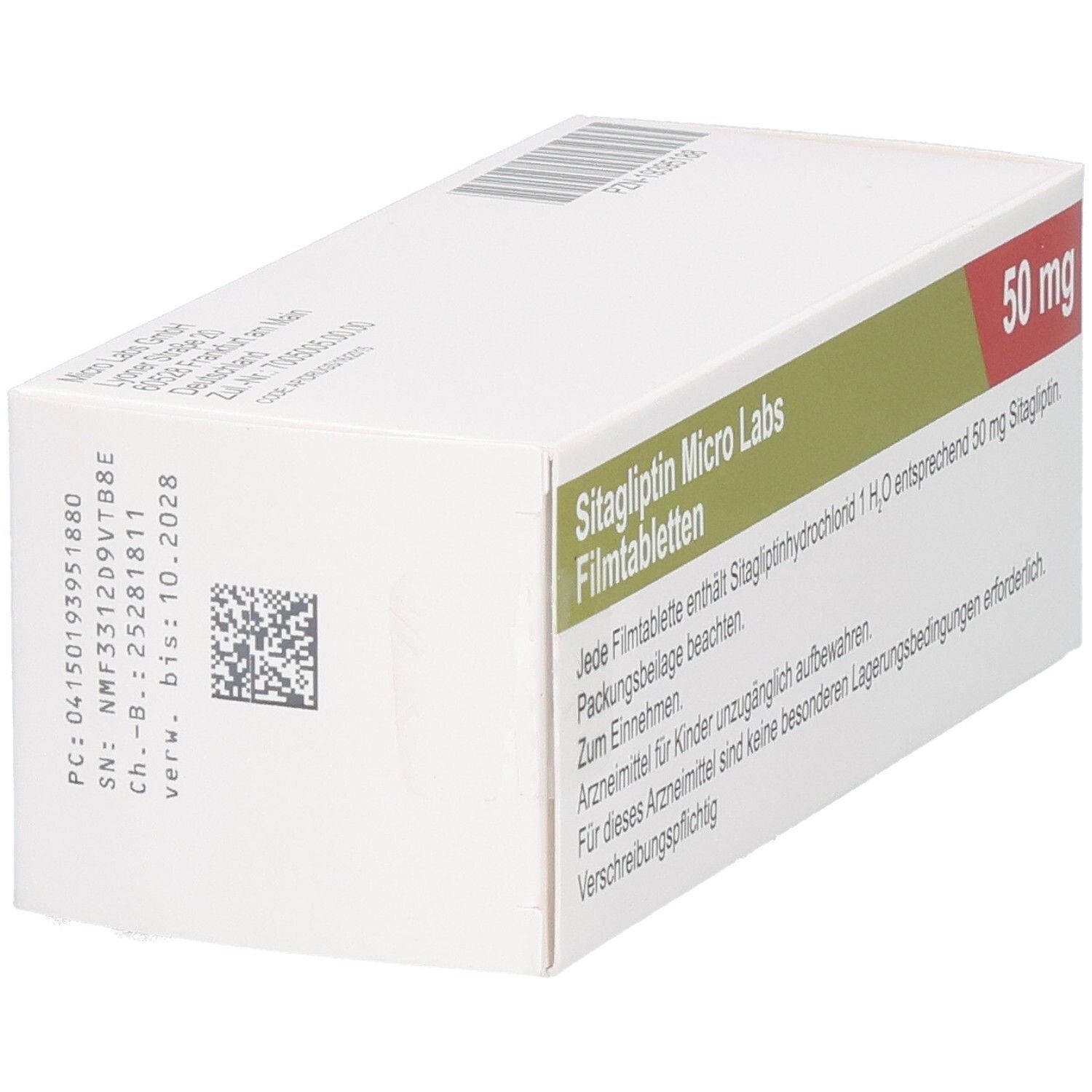 Schachtel SITAGLIPTIN Micro Labs 50 mg Filmtabletten. Aufschrift: 50 mg. Text und Logo Micro Labs. Barcode und Verfallsdatum.