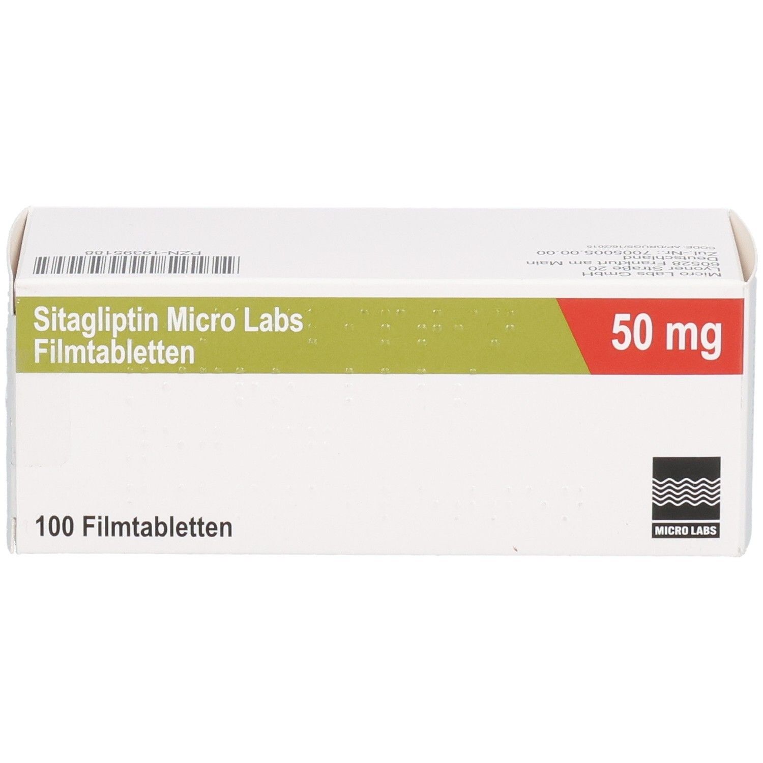 Schachtel SITAGLIPTIN Micro Labs 50 mg Filmtabletten. Aufschrift: 100 Filmtabletten, 50 mg. Logo Micro Labs.