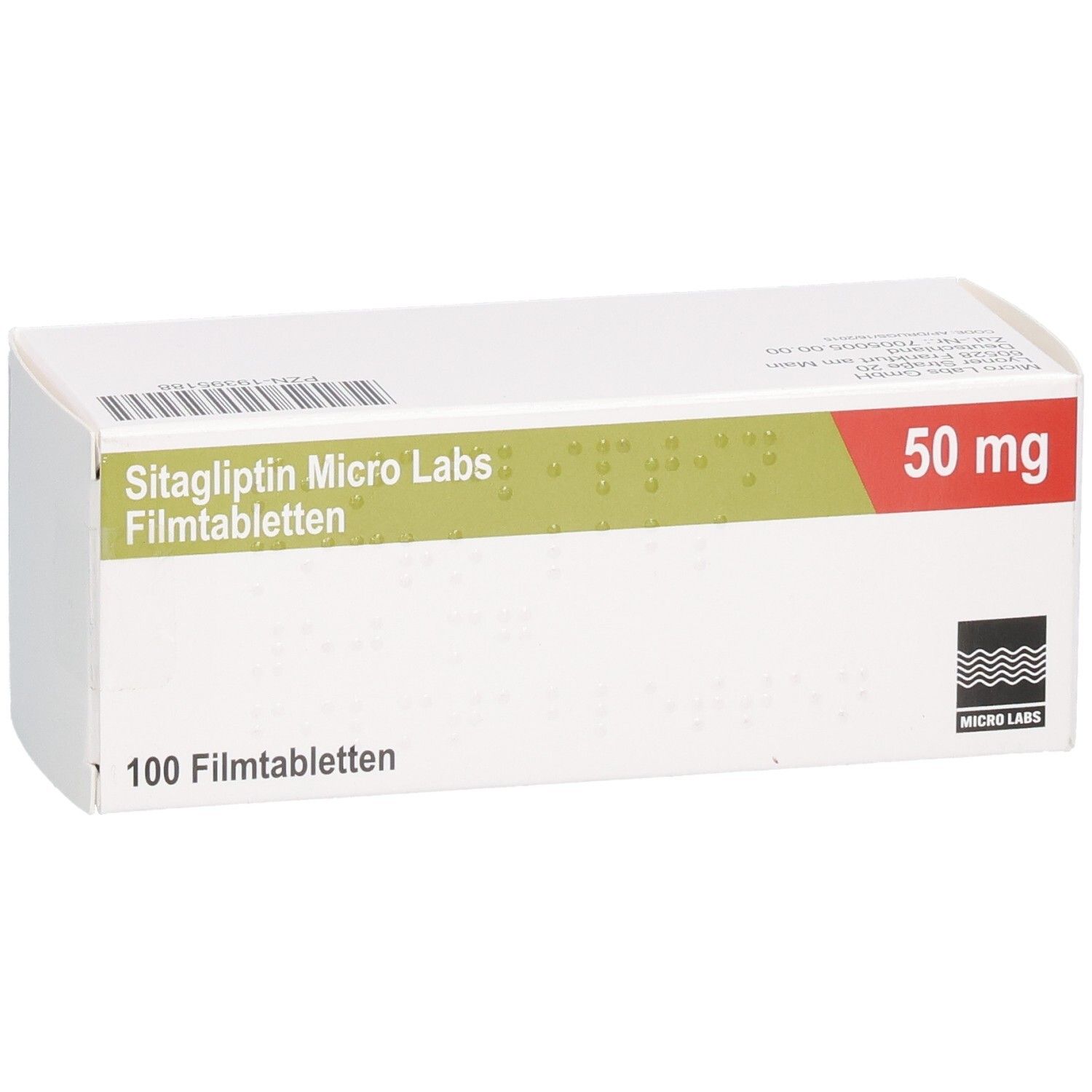 Schachtel SITAGLIPTIN Micro Labs 50 mg Filmtabletten. Aufschrift: 100 Filmtabletten, 50 mg. Logo Micro Labs.