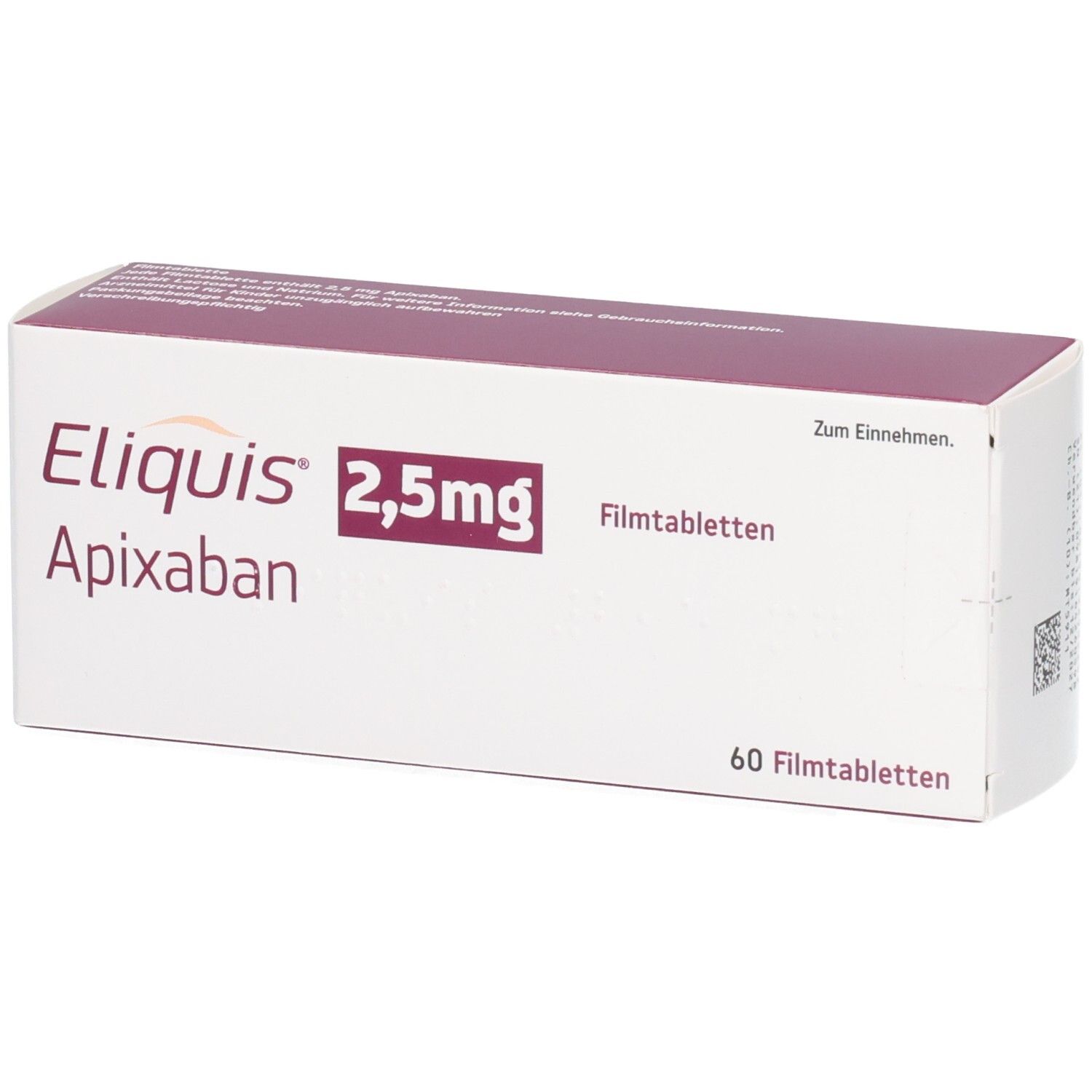 Packung Eliquis 2,5 mg Apixaban Filmtabletten, 60 Stück.