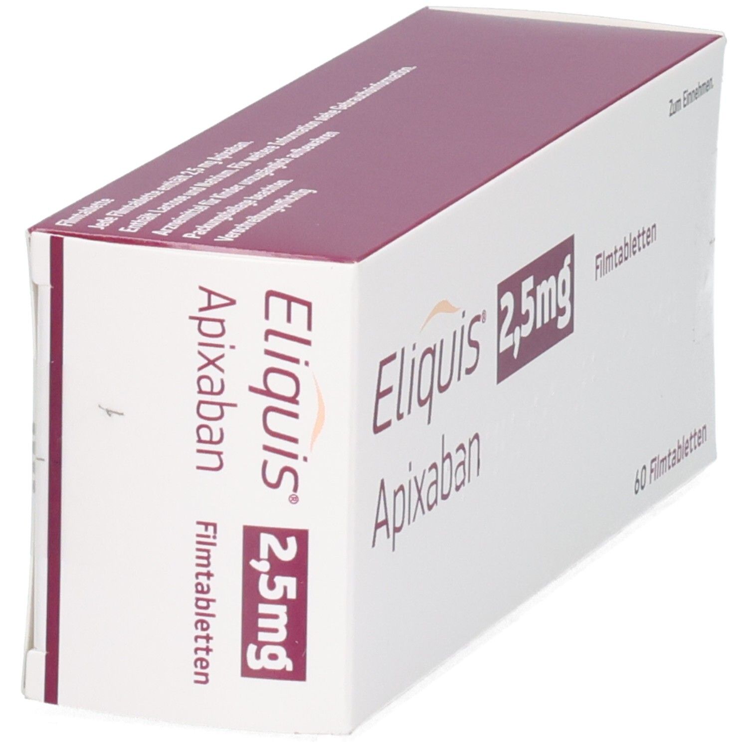 Packung Eliquis 2,5 mg Apixaban Filmtabletten, 60 Stück, von der Seite.