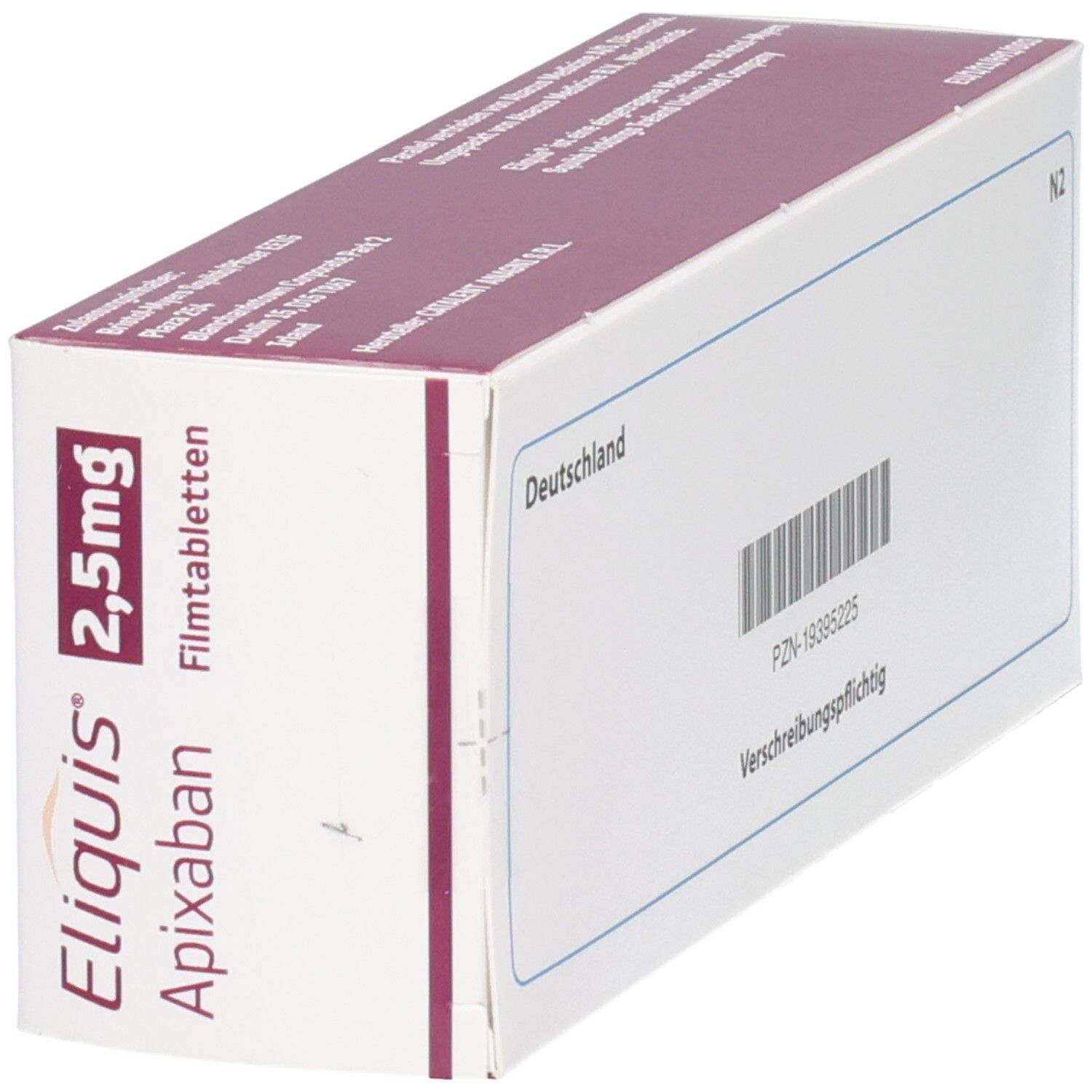 Packung Eliquis 2,5 mg Apixaban Filmtabletten, 60 Stück, schräg von hinten.