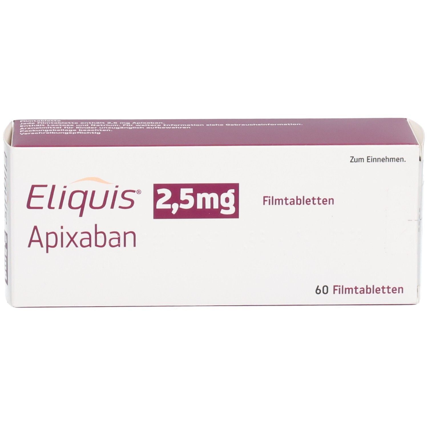 Packung Eliquis 2,5 mg Apixaban Filmtabletten, 60 Stück.