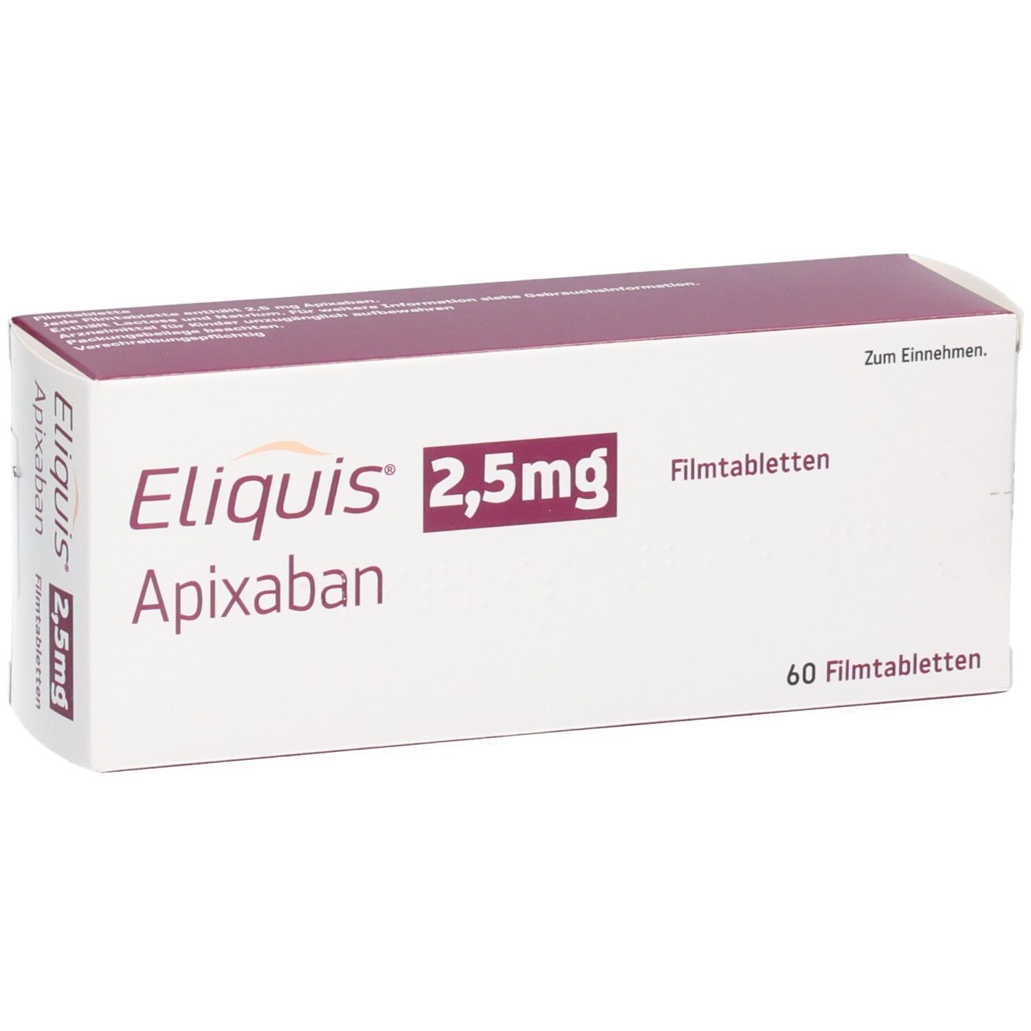 Packung Eliquis 2,5 mg Apixaban Filmtabletten, 60 Stück, von der Seite.