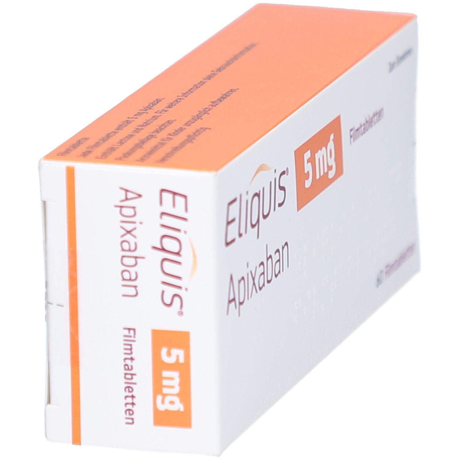 ELIQUIS 5 mg Filmtabletten-Packung, schräg. Weiß-orangefarbene Schachtel mit Produktnamen und Dosierung.