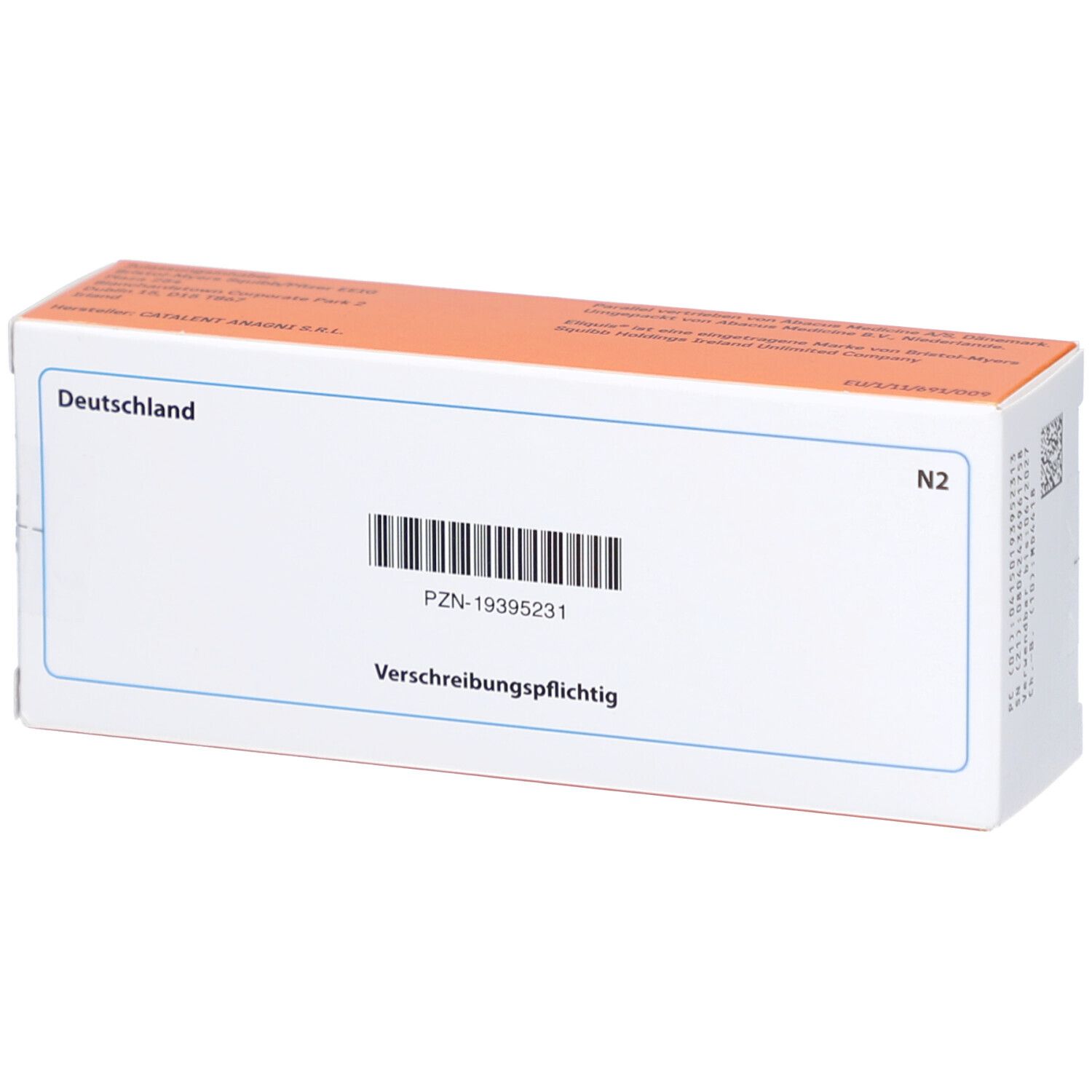Rückseite der ELIQUIS 5 mg Filmtabletten-Packung. Weiß mit Barcode, PZN-Nummer und Text.