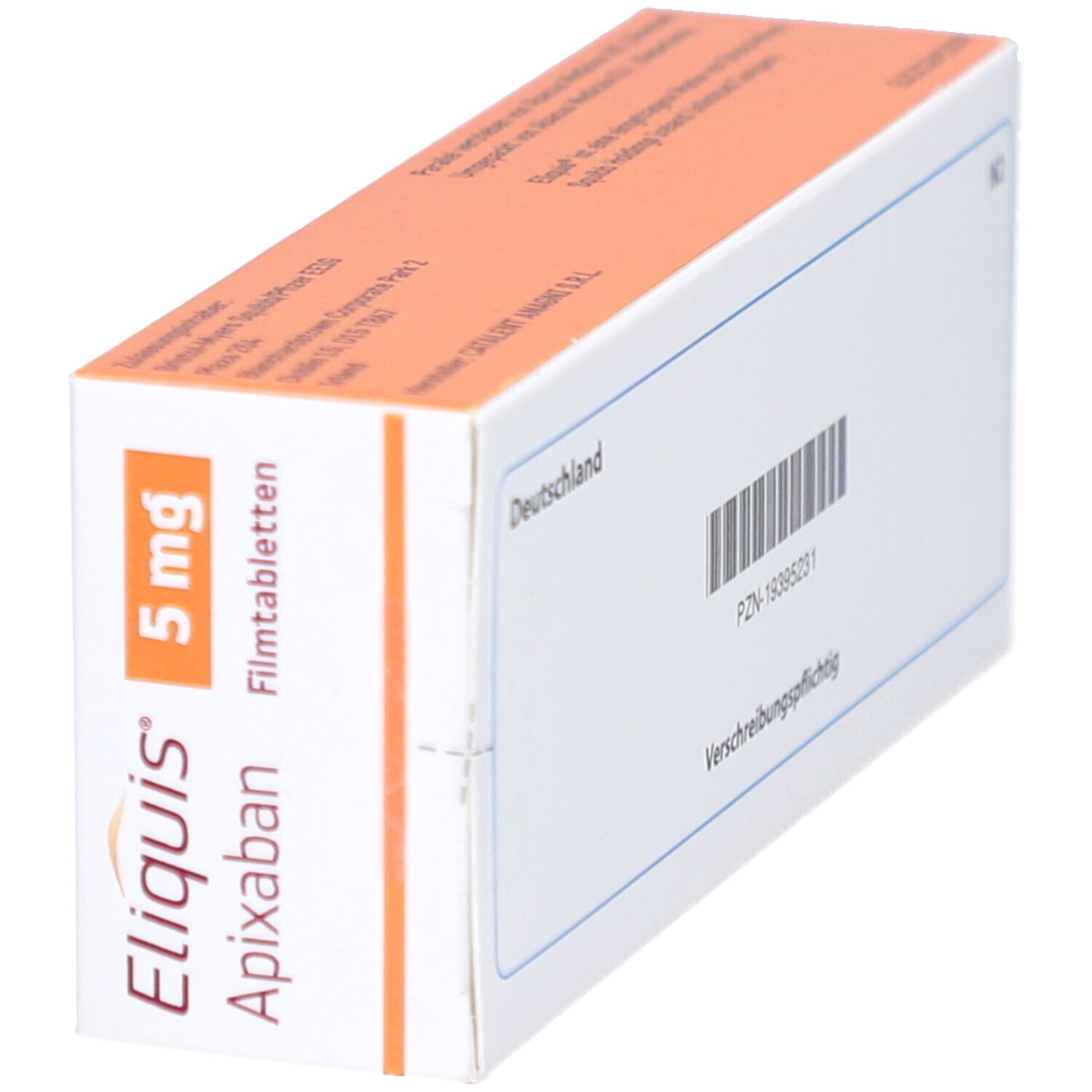 ELIQUIS 5 mg Filmtabletten-Packung, schräg. Rückseite mit Barcode, PZN-Nummer und Text.