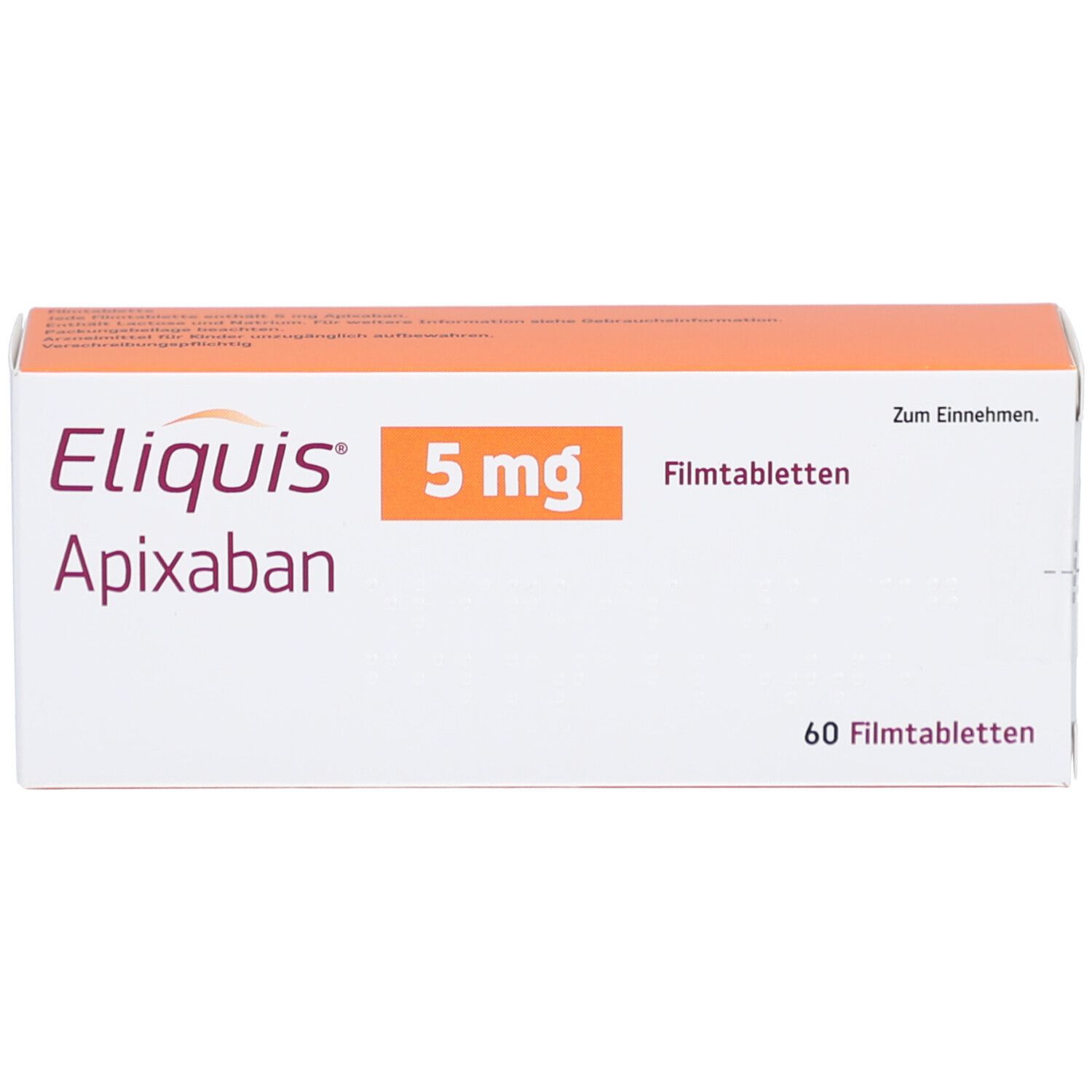 ELIQUIS 5 mg Filmtabletten-Packung. Weiß-orangefarbene Schachtel mit Produktnamen, Dosierung und Tablettenanzahl.