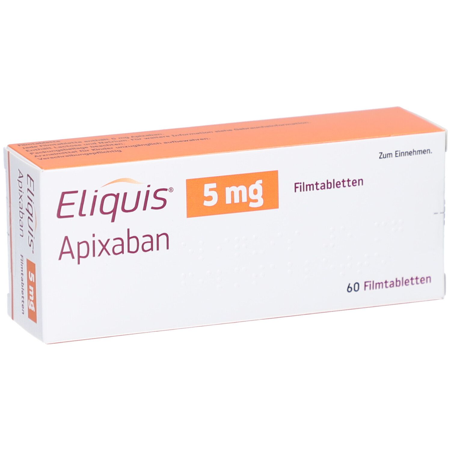 ELIQUIS 5 mg Filmtabletten-Packung. Weiß-orangefarbene Schachtel mit Produktnamen, Dosierung und Tablettenanzahl.