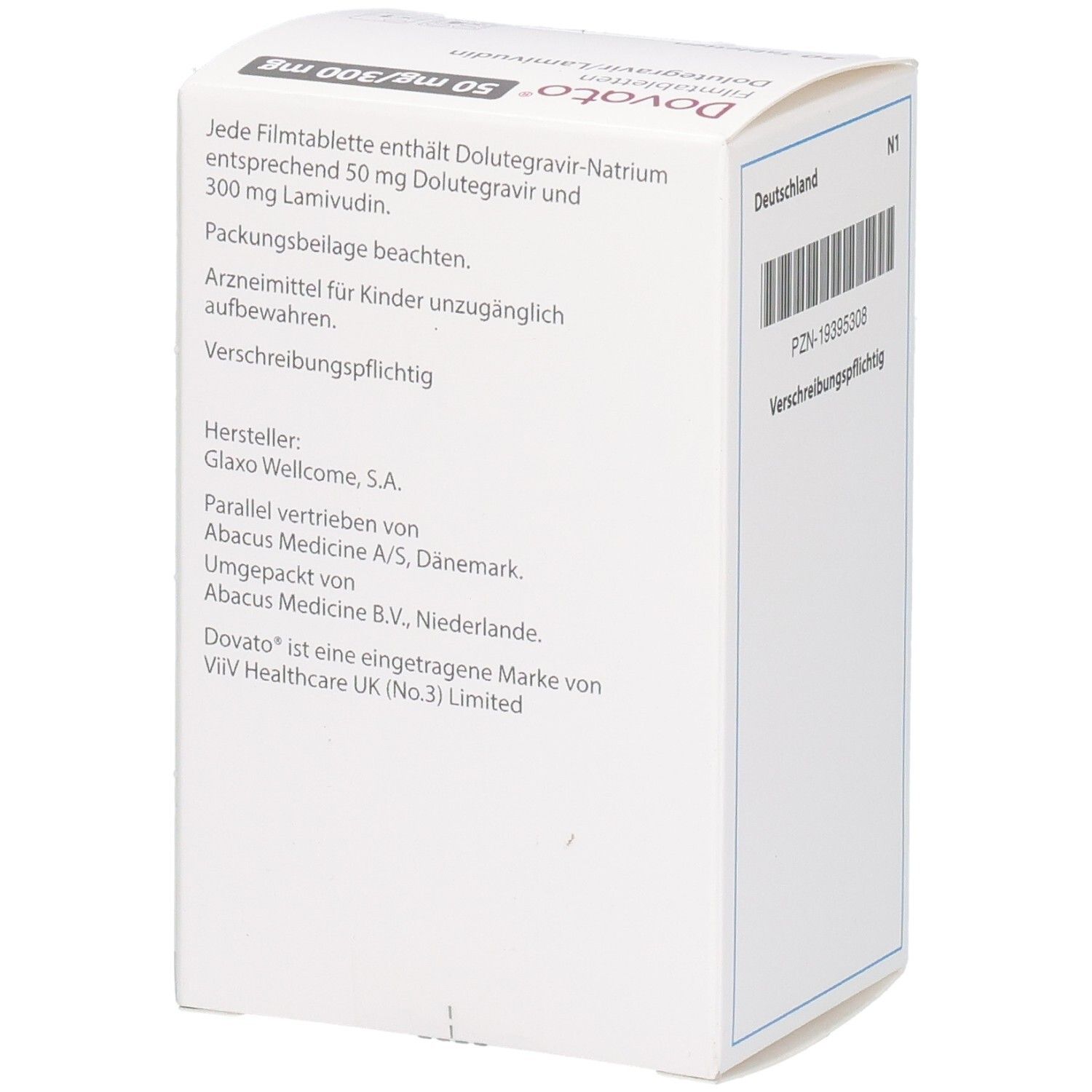 DOVATO 50 mg/300 mg Filmtabletten Blisterpackung, Rückseite mit Herstellerangaben.
