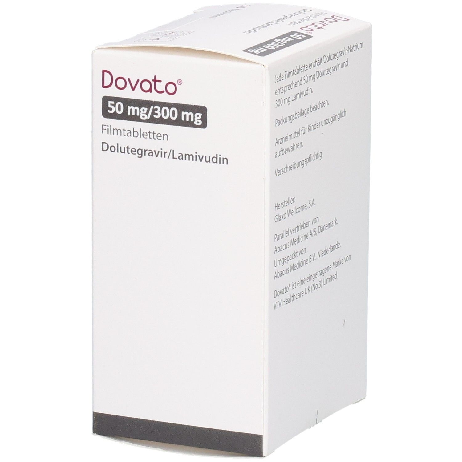 DOVATO 50 mg/300 mg Filmtabletten Blisterpackung, Seite mit Herstellerangaben.