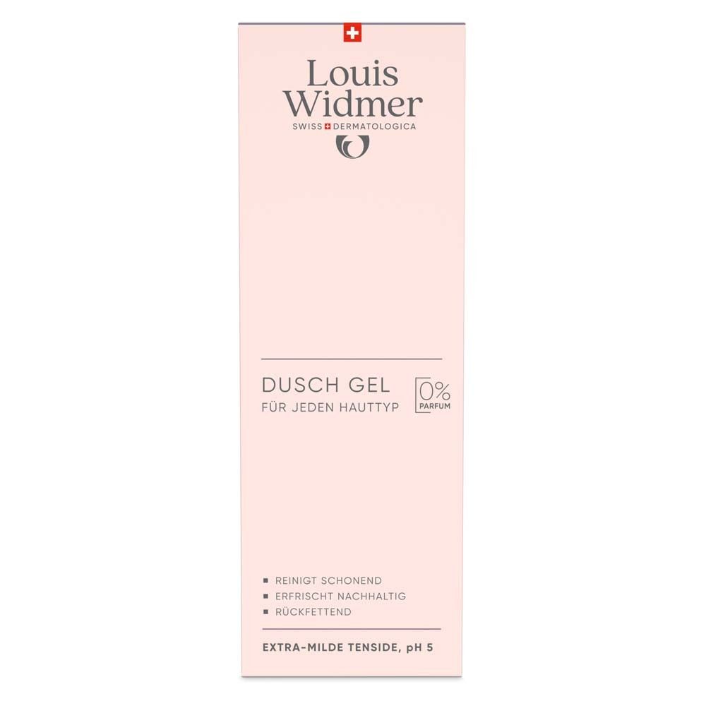 Rosa Verpackung mit Louis Widmer Logo und Produktbezeichnung: Dusch Gel für jeden Hauttyp. 0% Parfum.