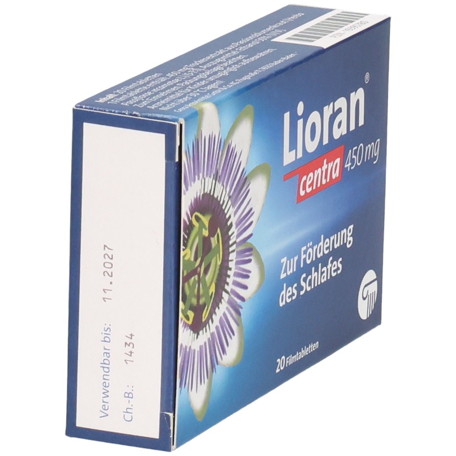 Schachtel LIORAN centra 450 mg Filmtabletten, schräg. Blaue Verpackung mit Produktnamen, Passionsblume-Illustration und Text.