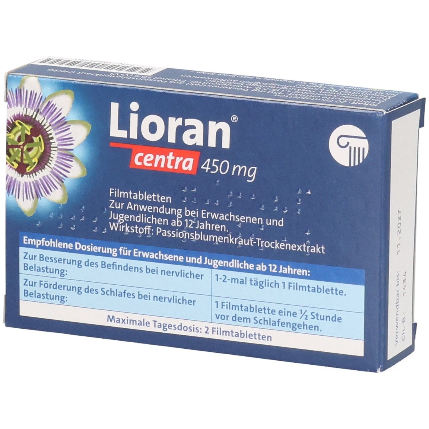 Schachtel LIORAN centra 450 mg Filmtabletten. Blaue Verpackung mit Produktnamen, Dosierungstabelle und Passionsblume-Illustration.