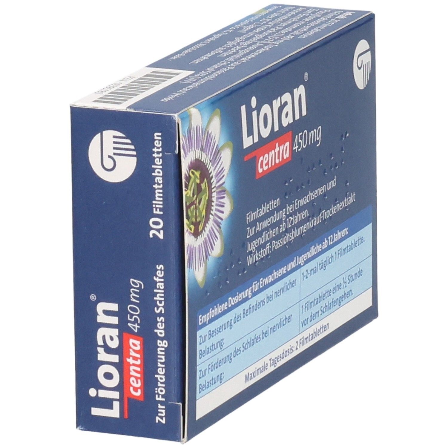 Schachtel LIORAN centra 450 mg Filmtabletten, schräg. Blaue Verpackung mit Produktnamen, Dosierungstabelle und Text.