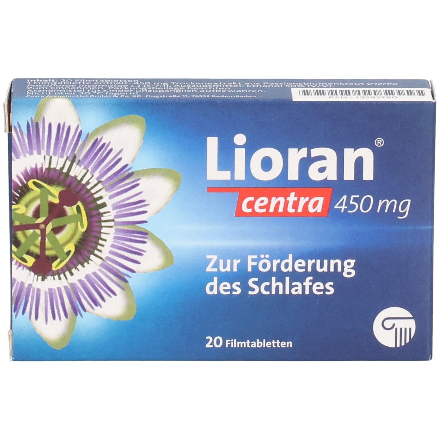 Blisterpackung LIORAN centra 450 mg Filmtabletten. Blaue Schachtel mit Produktnamen, Passionsblume-Illustration und Text.