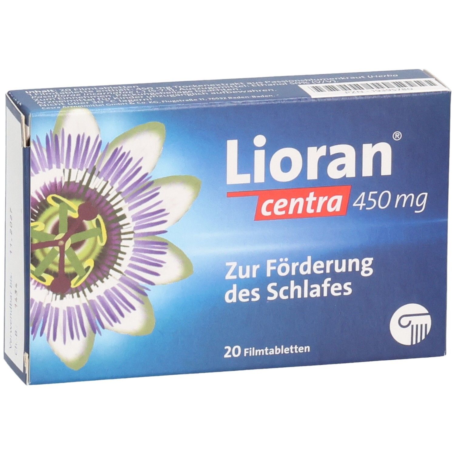 Blisterpackung LIORAN centra 450 mg Filmtabletten. Blaue Schachtel mit Produktnamen, Passionsblume-Illustration und Text.