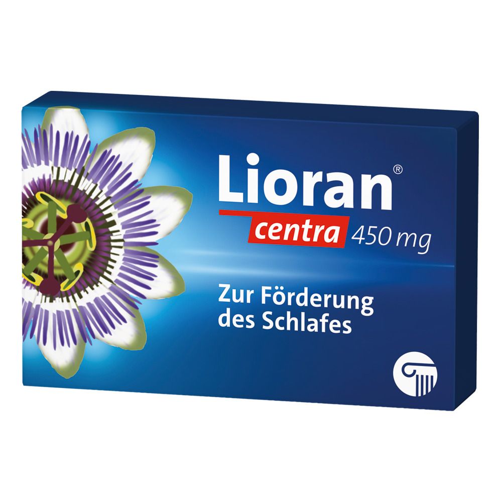 Blisterpackung mit Lioran centra 450 mg. Blaue Verpackung mit Passionsblume und Text. Zur Förderung des Schlafes.