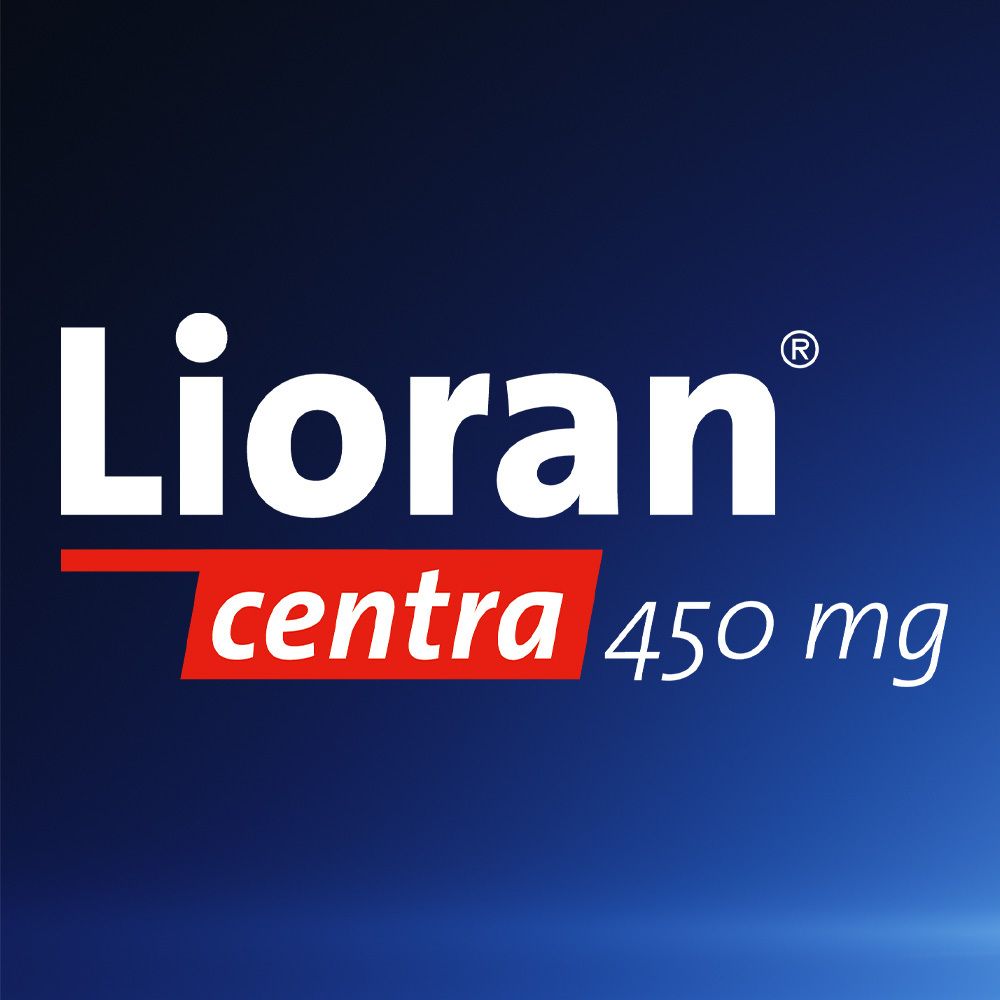 Logo von Lioran centra 450 mg auf blauem Hintergrund. Weißer Schriftzug.