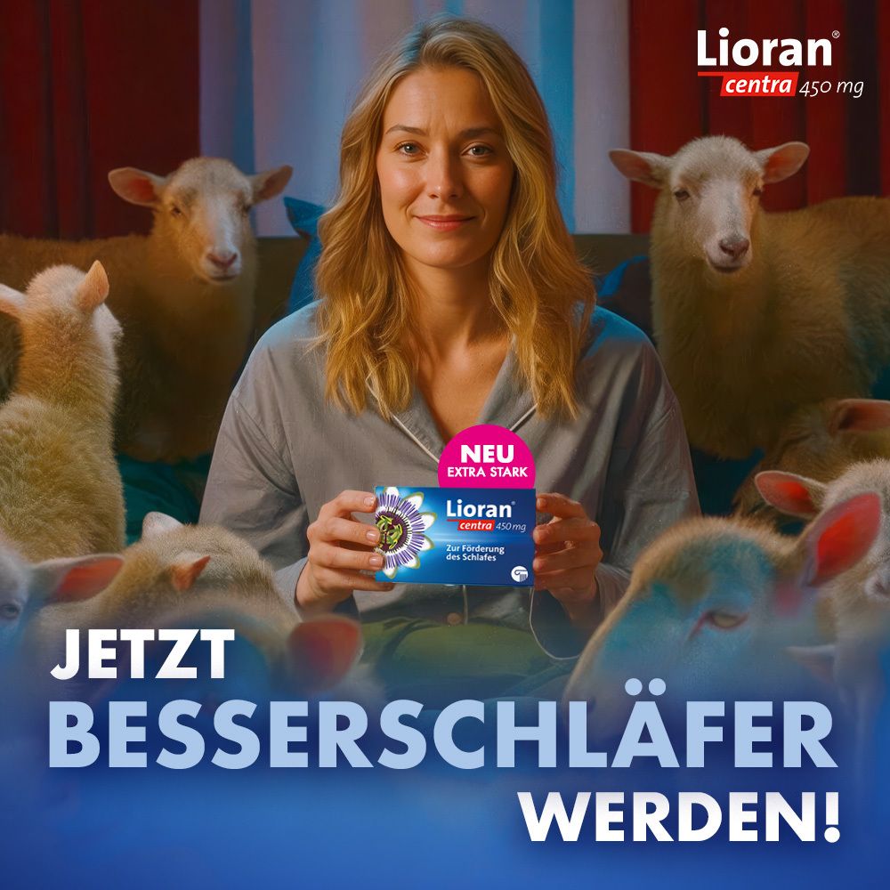 Frau mit Schafen im Bett hält Lioran centra 450 mg. Text: JETZT BESSERSCHLÄFER WERDEN!