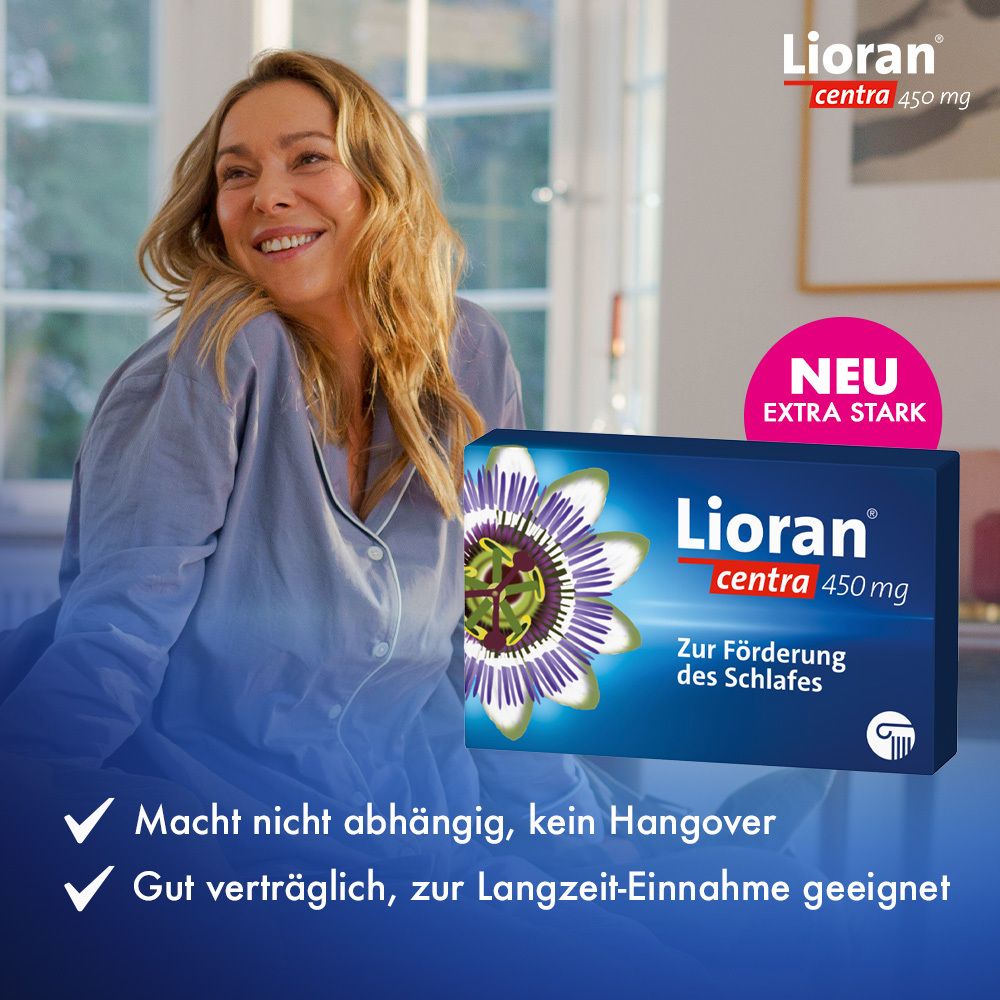 Frau mit Lioran centra 450 mg. Text: Macht nicht abhängig, kein Hangover. Gut verträglich.
