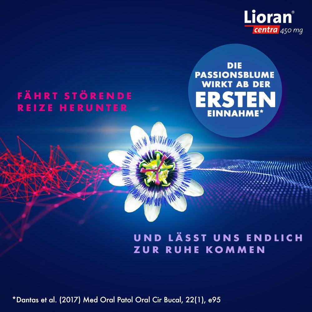 Abstrakte Darstellung mit Passionsblume und Text. Text: DIE PASSIONSBLUME WIRKT AB DER ERSTEN EINNAHME.