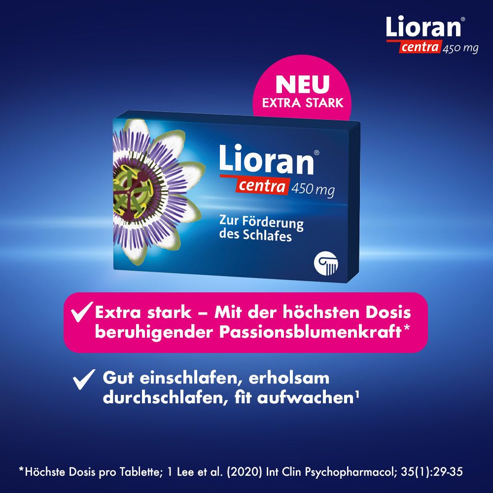 Lioran centra 450 mg Packung. Text: Extra stark. Gut einschlafen, erhohlsam durchschlafen, fit aufwachen.