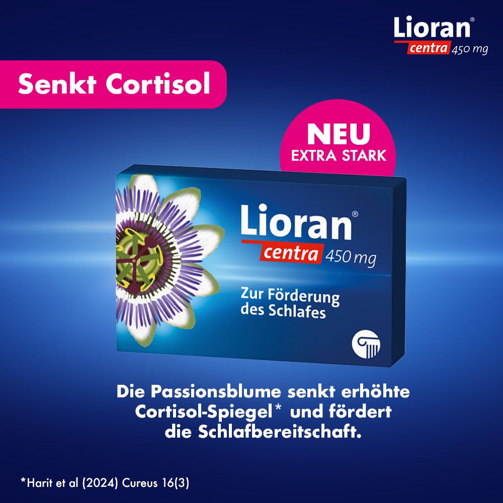 Lioran centra 450 mg Packung. Text: Senkt Cortisol. Fördert die Schlafbereitschaft.