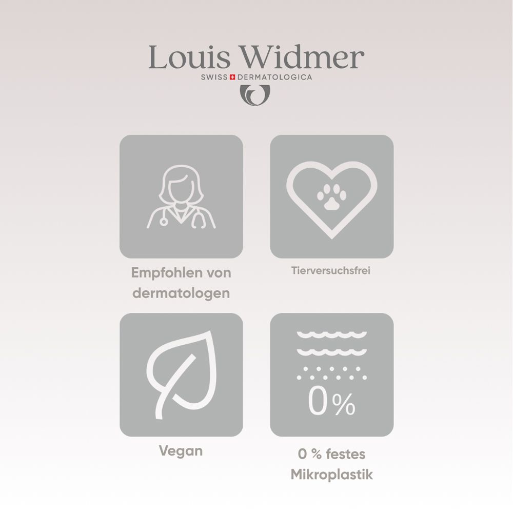 Logo Louis Widmer. Symbole: Empfohlen von Dermatologen, Tierversuchsfrei, Vegan, 0% festes Mikroplastik.