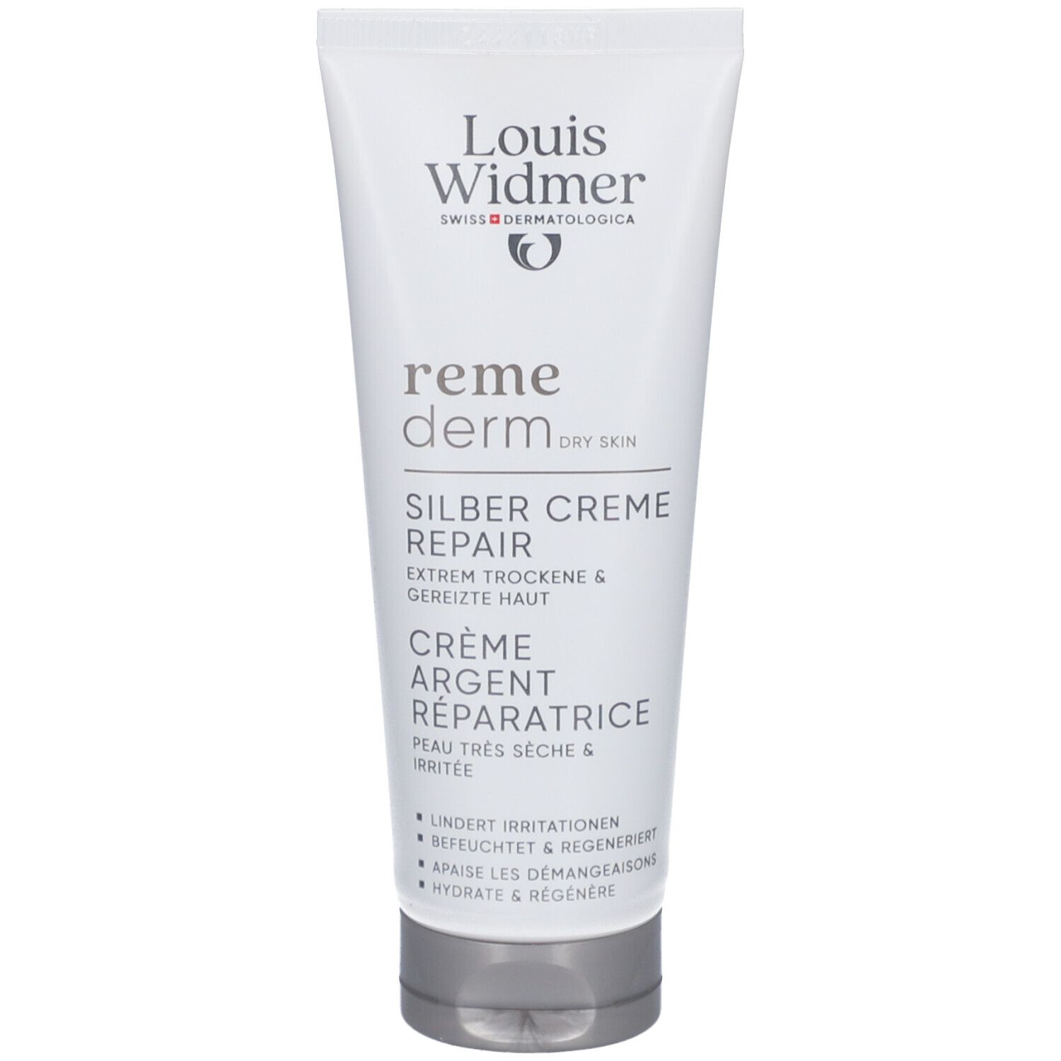Louis Widmer Remederm Silber Creme Repair. Tube, weiß mit grauer Kappe. Text: reme derm, Silber Creme Repair, für trockene Haut.